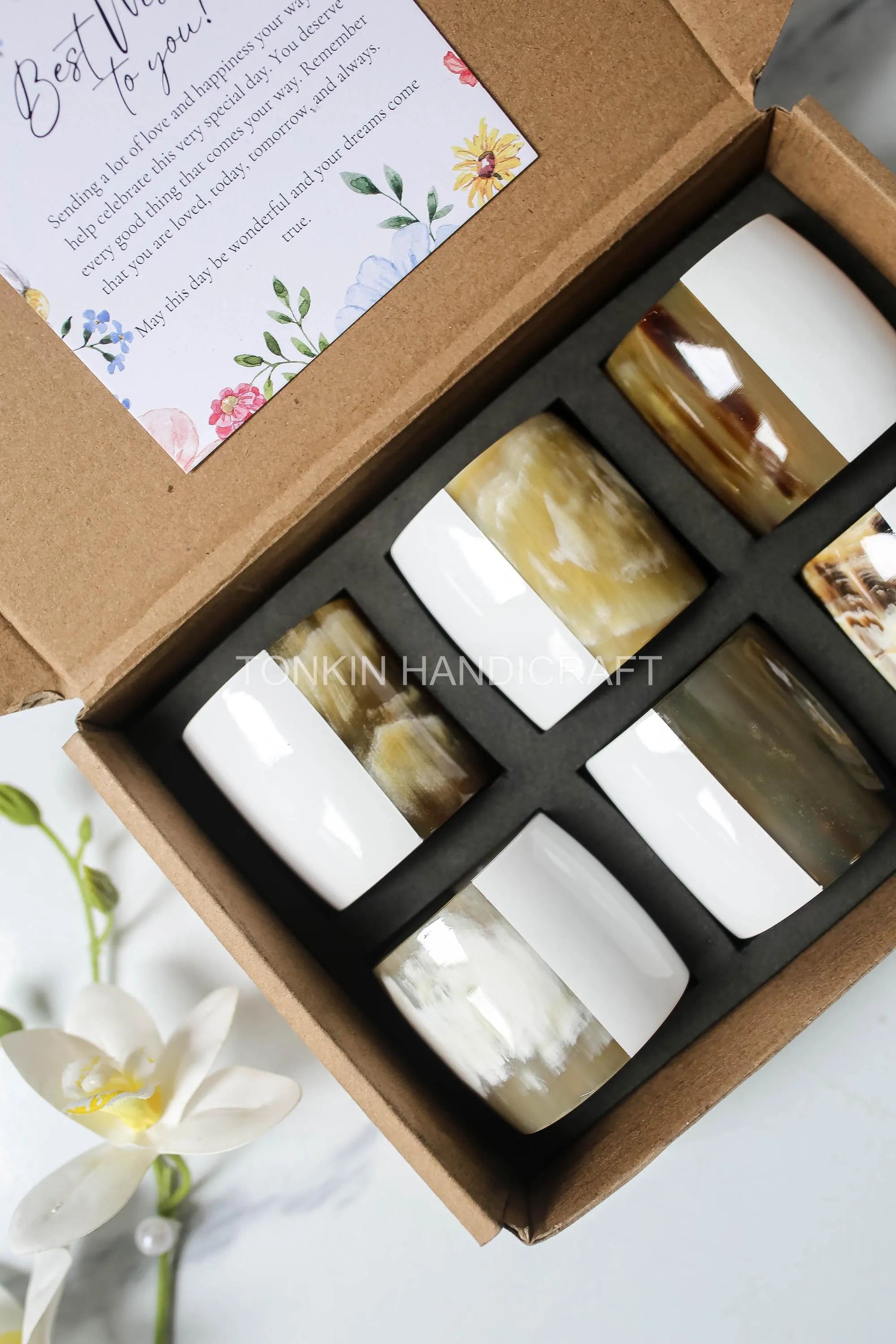 Personalized Set of 6 Buffalo Horn Napkin Ring White Gift Box