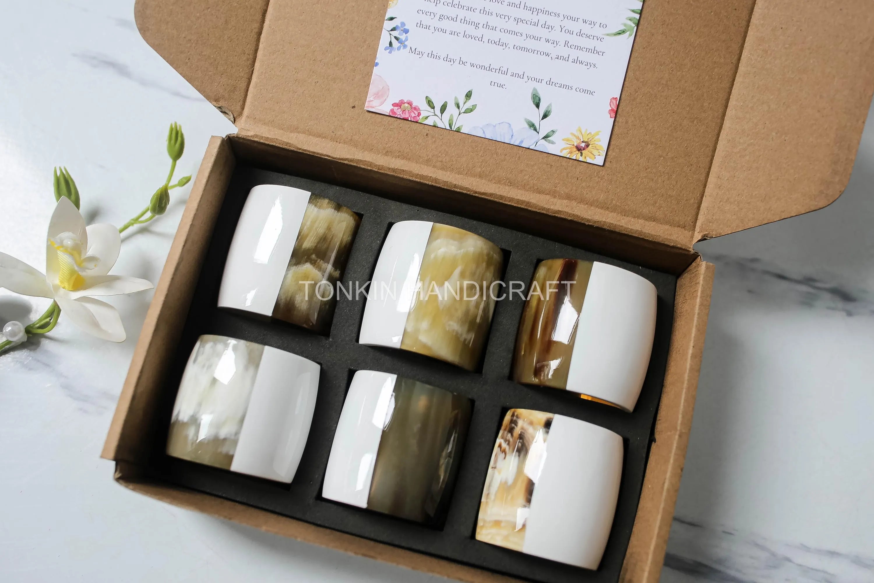 Personalized Set of 6 Buffalo Horn Napkin Ring White Gift Box