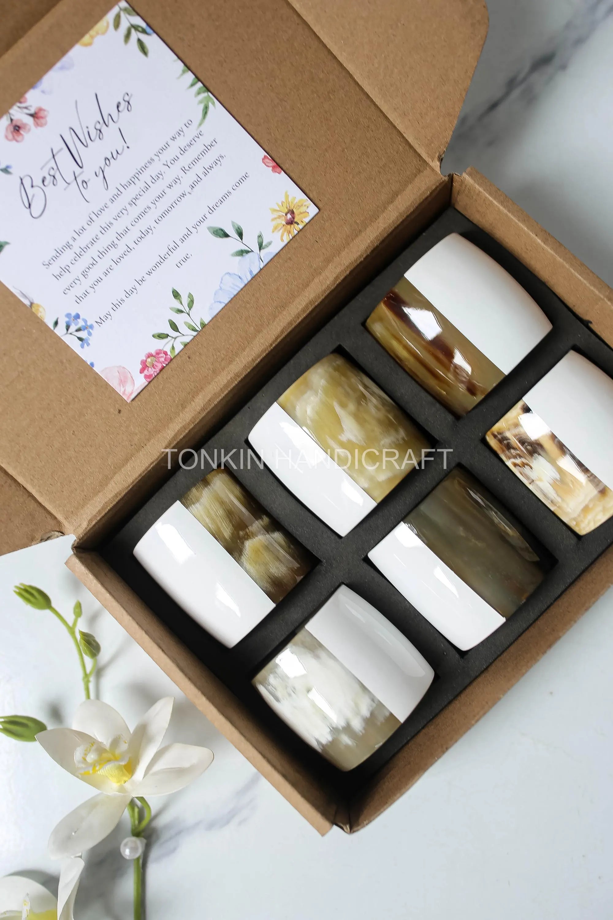 Personalized Set of 6 Buffalo Horn Napkin Ring White Gift Box