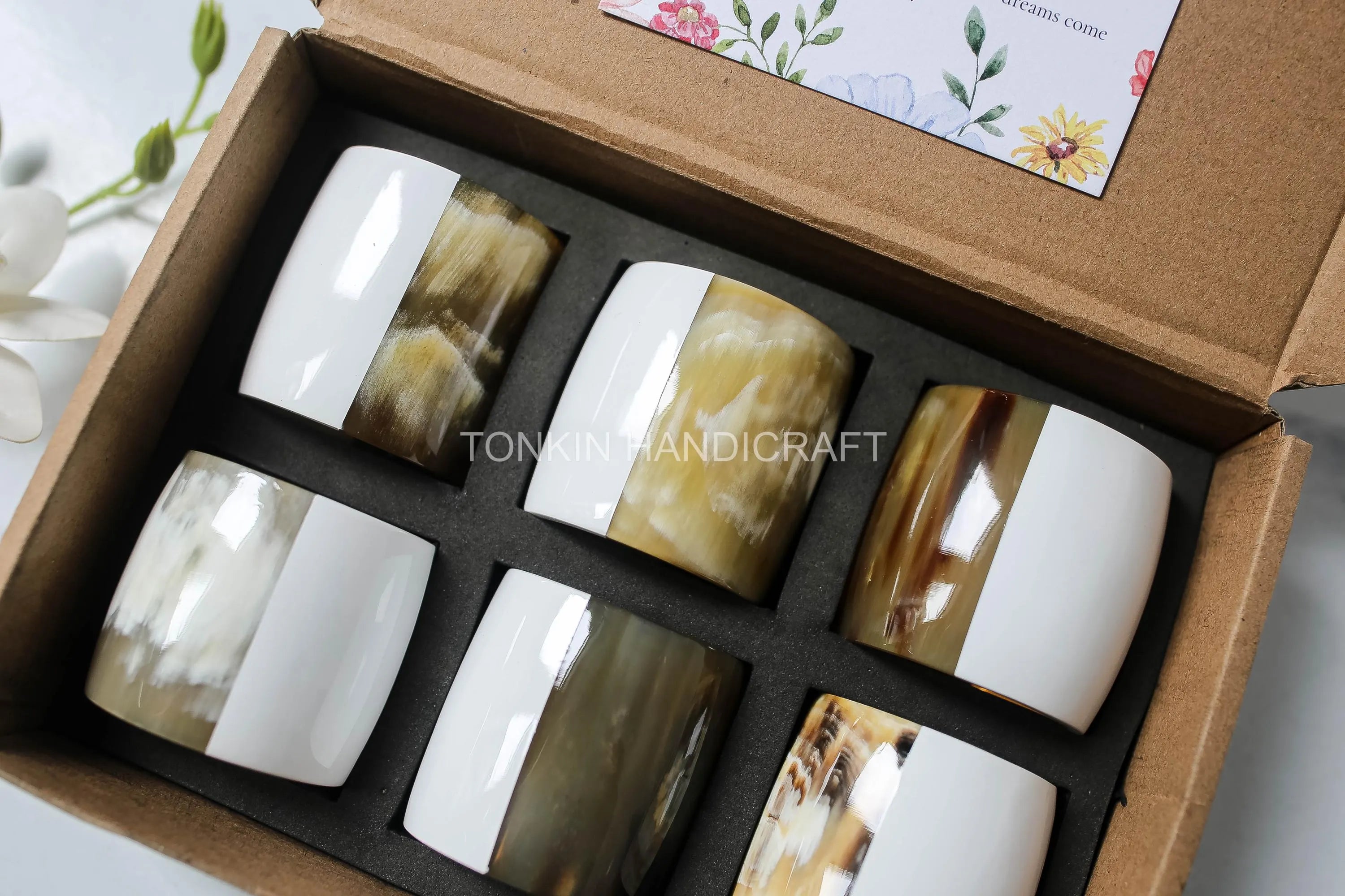 Personalized Set of 6 Buffalo Horn Napkin Ring White Gift Box