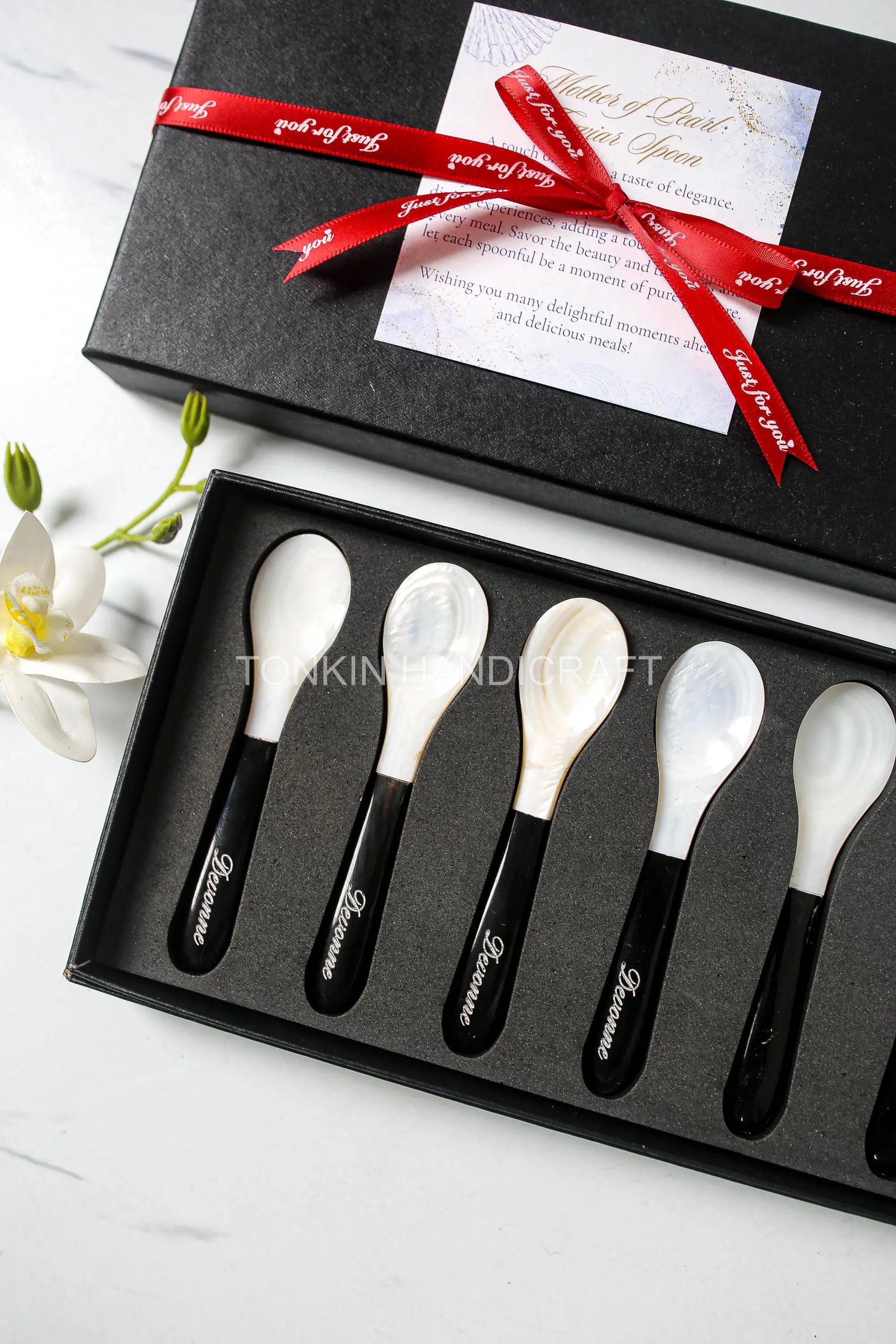 Personalized Set 6 Blak Mother of Pearl Caviar Spoon Gift Set