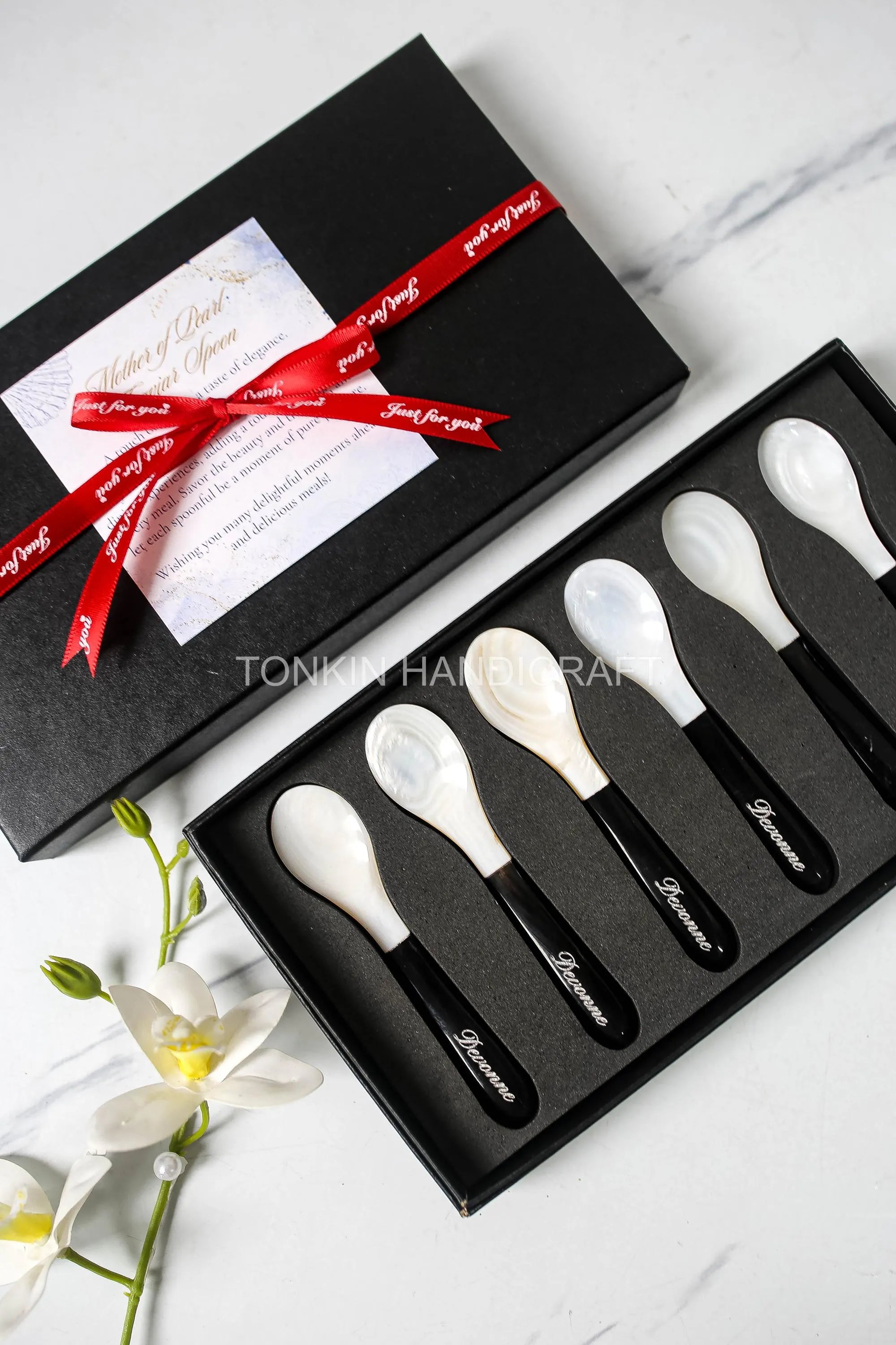 Personalized Set 6 Blak Mother of Pearl Caviar Spoon Gift Set