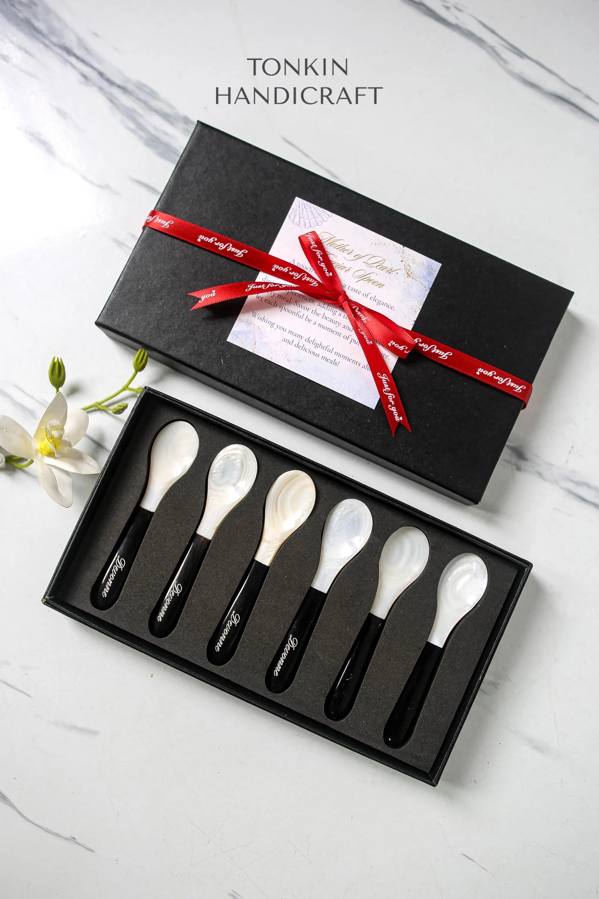 Personalized Set 6 Blak Mother of Pearl Caviar Spoon Gift Set