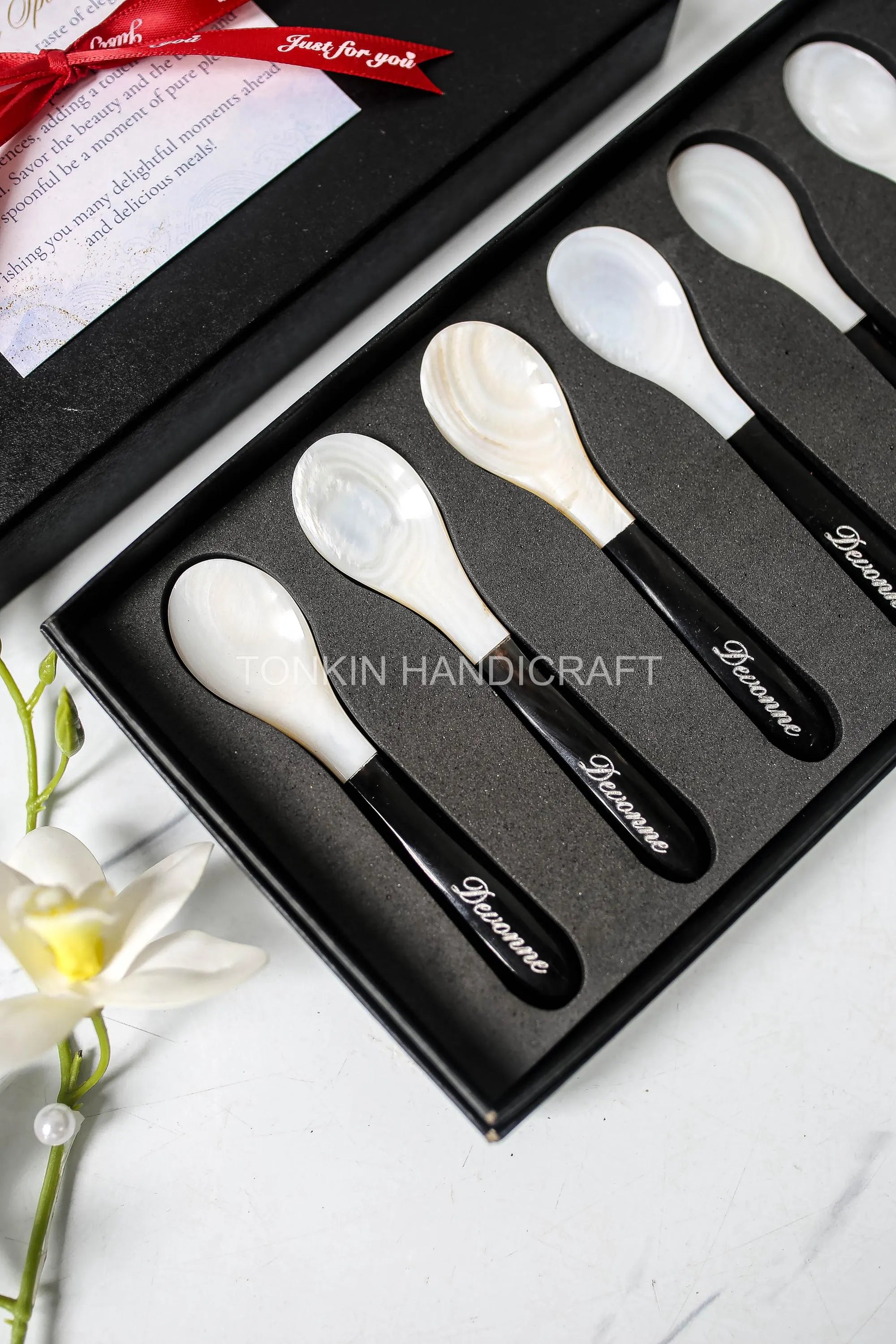 Personalized Set 6 Blak Mother of Pearl Caviar Spoon Gift Set