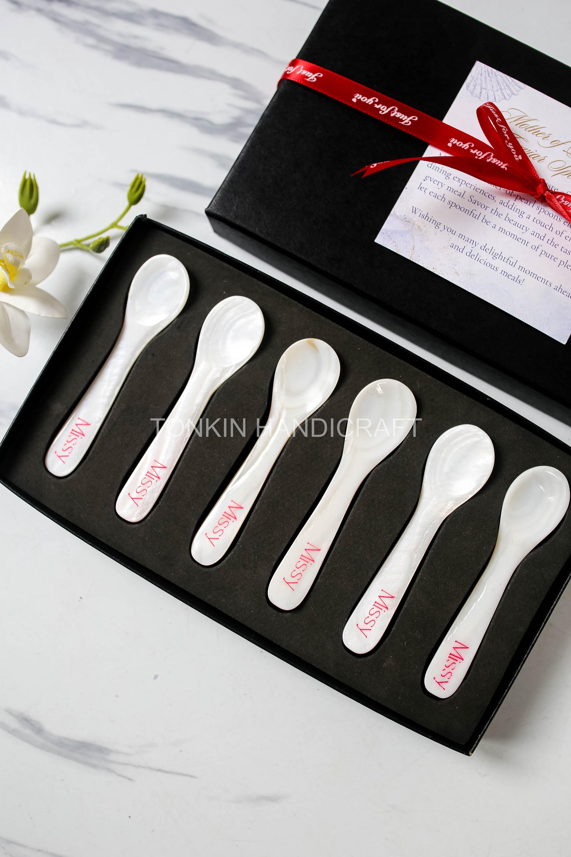 Personalized Set of 6 Mother of Pearl Caviar Spoon Gift Box