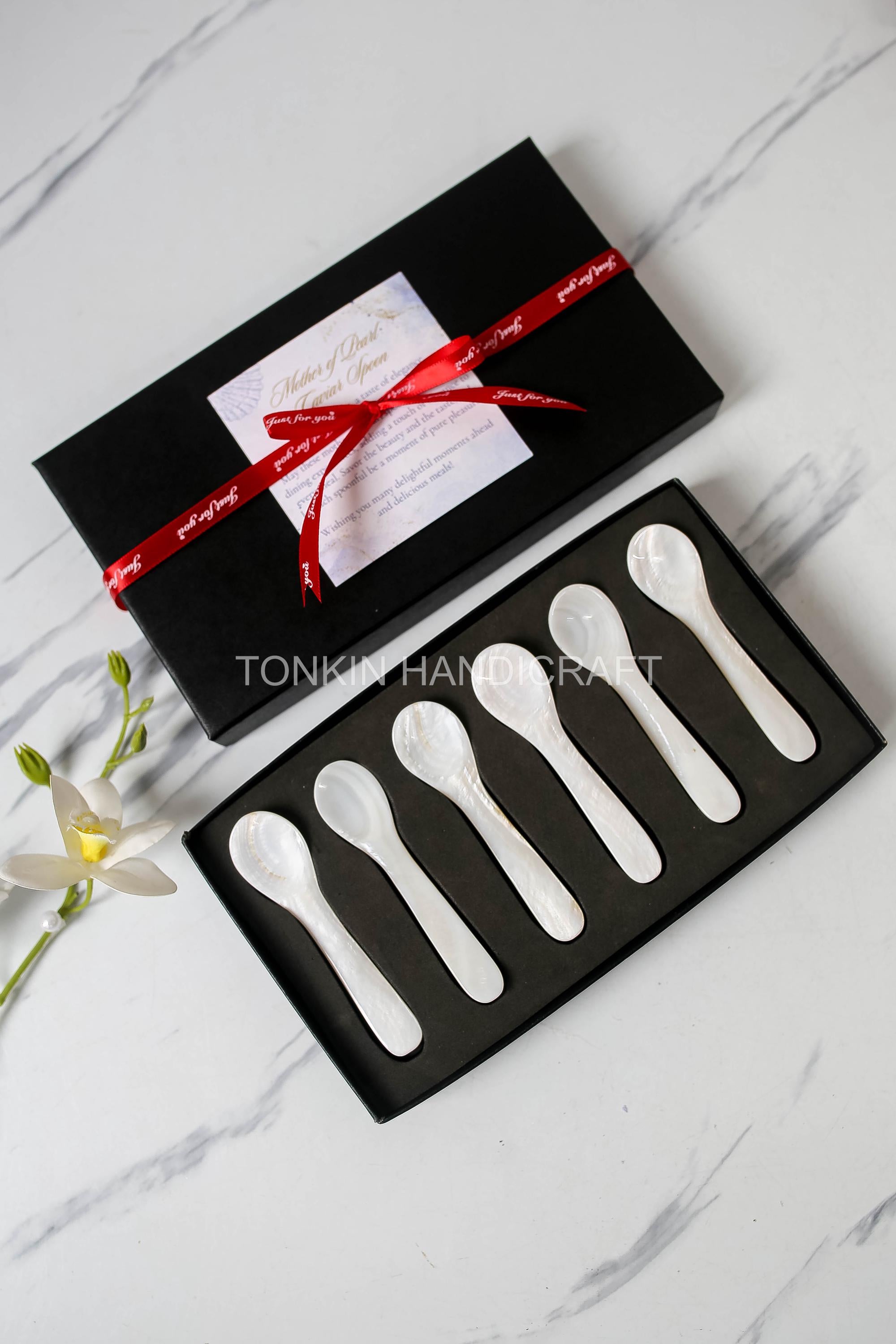 Personalized Set of 6 Mother of Pearl Caviar Spoon Gift Box