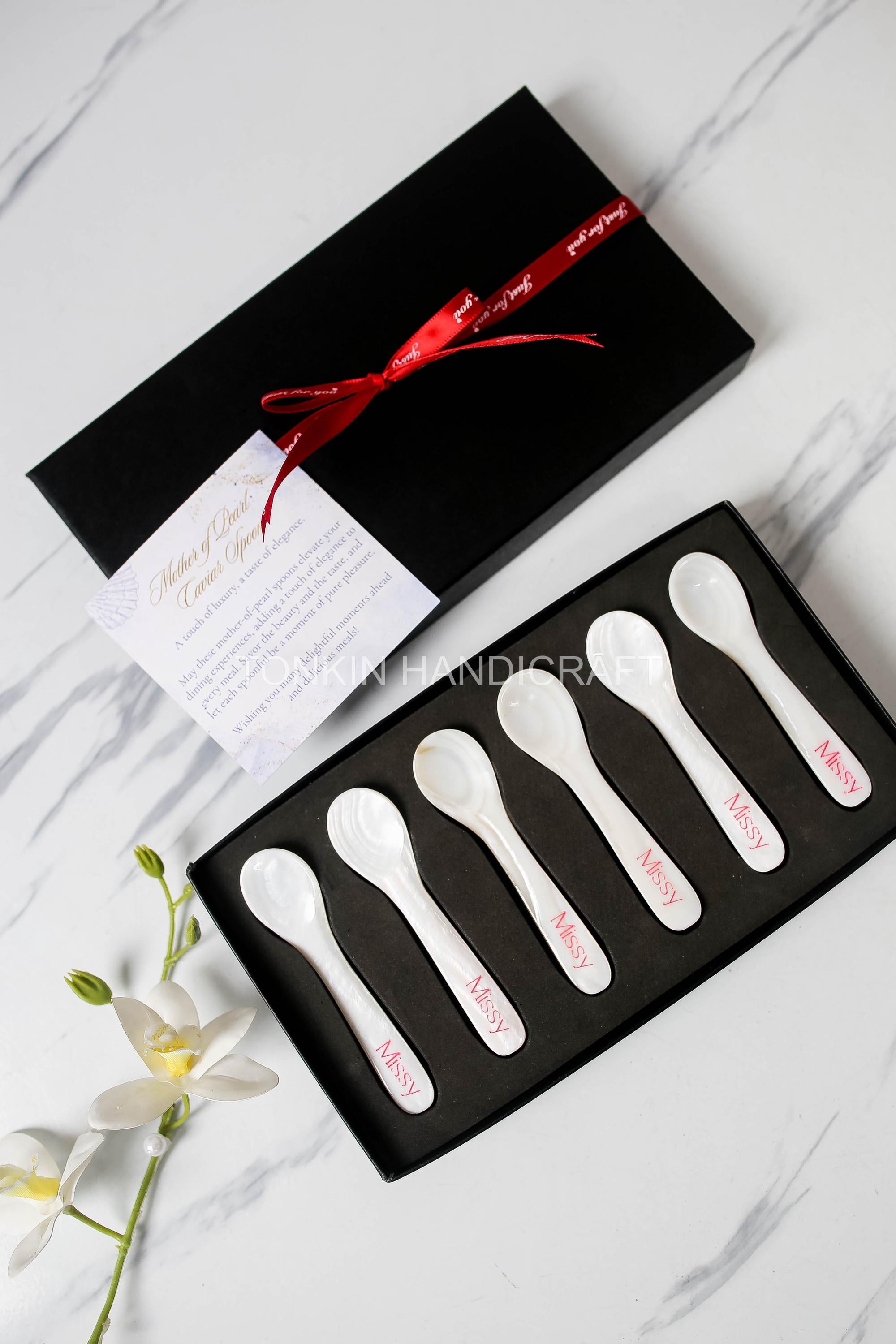 Personalized Set of 6 Mother of Pearl Caviar Spoon Gift Box