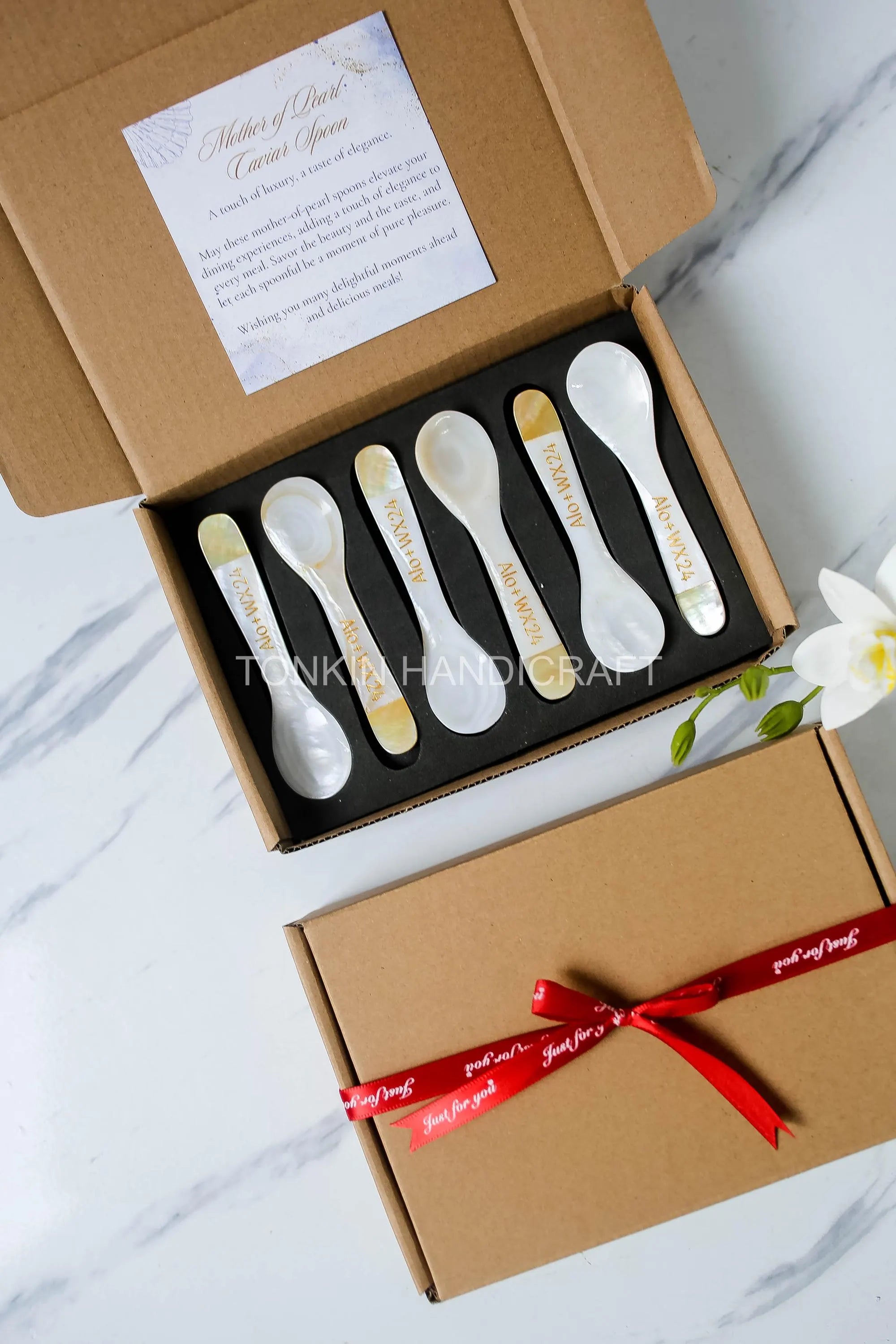 Personalized Set 6 Yell Mother of Pearl Caviar Spoon Gift Box