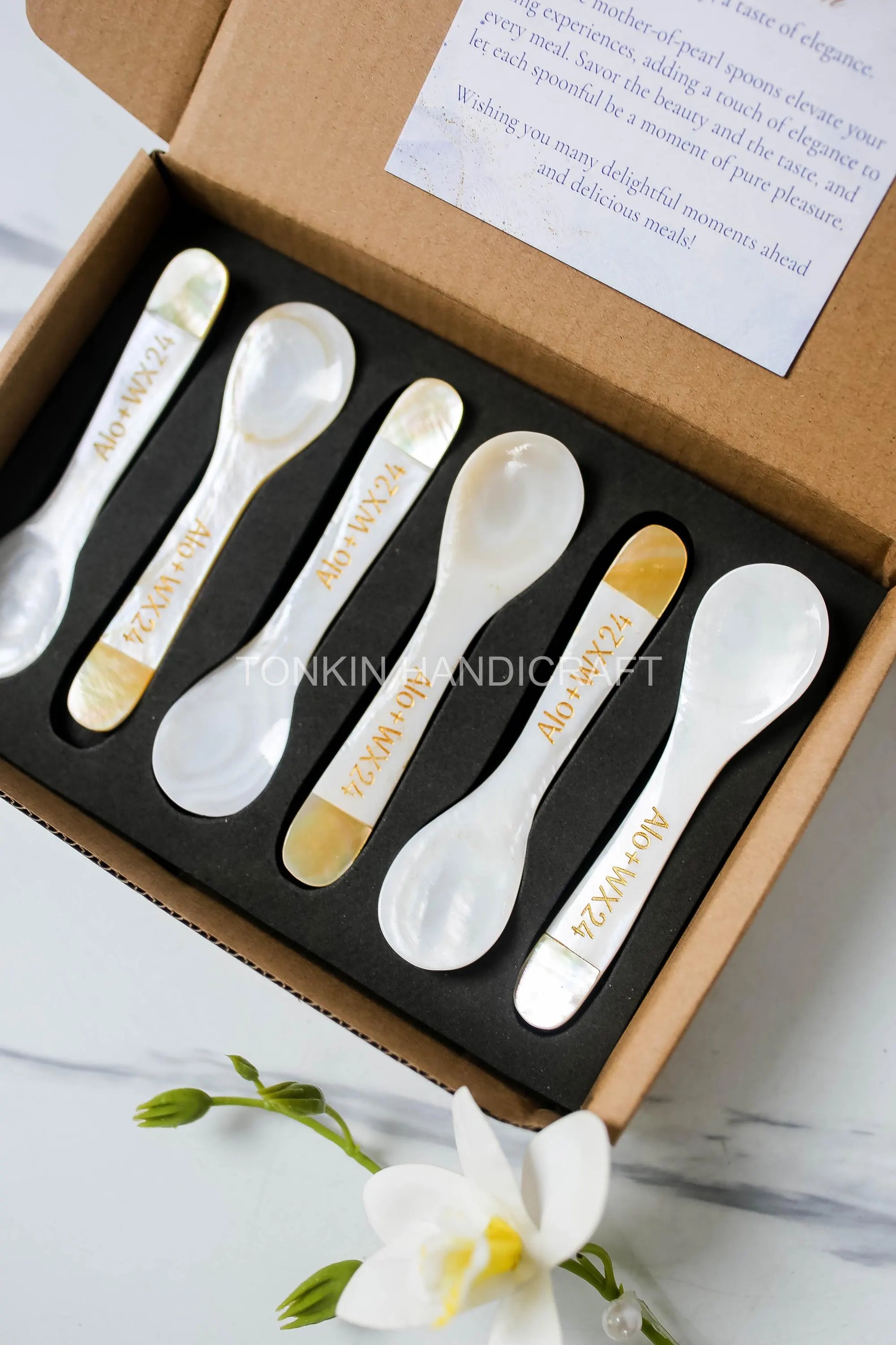 Personalized Set 6 Yell Mother of Pearl Caviar Spoon Gift Box