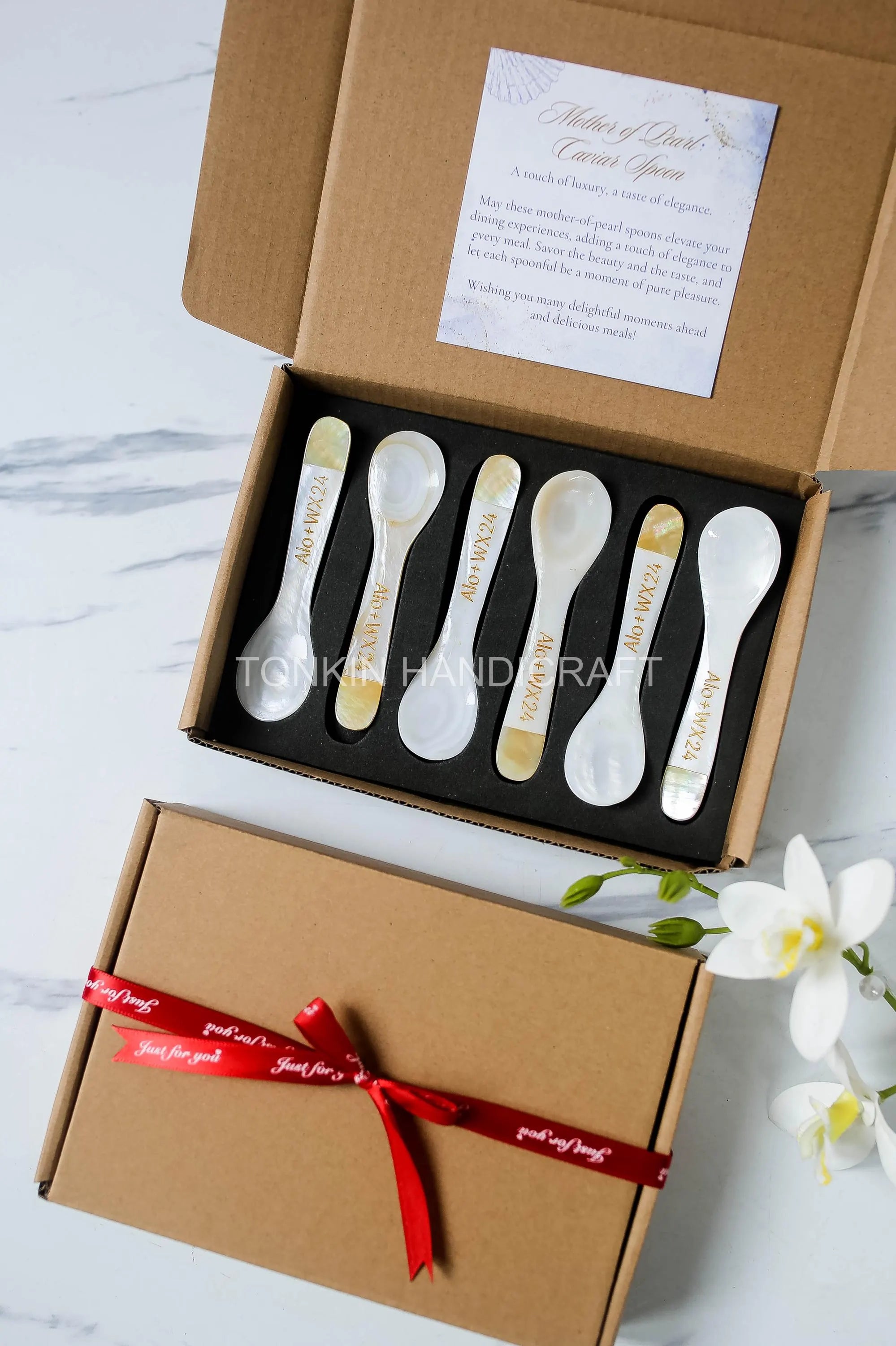 Personalized Set 6 Yell Mother of Pearl Caviar Spoon Gift Box