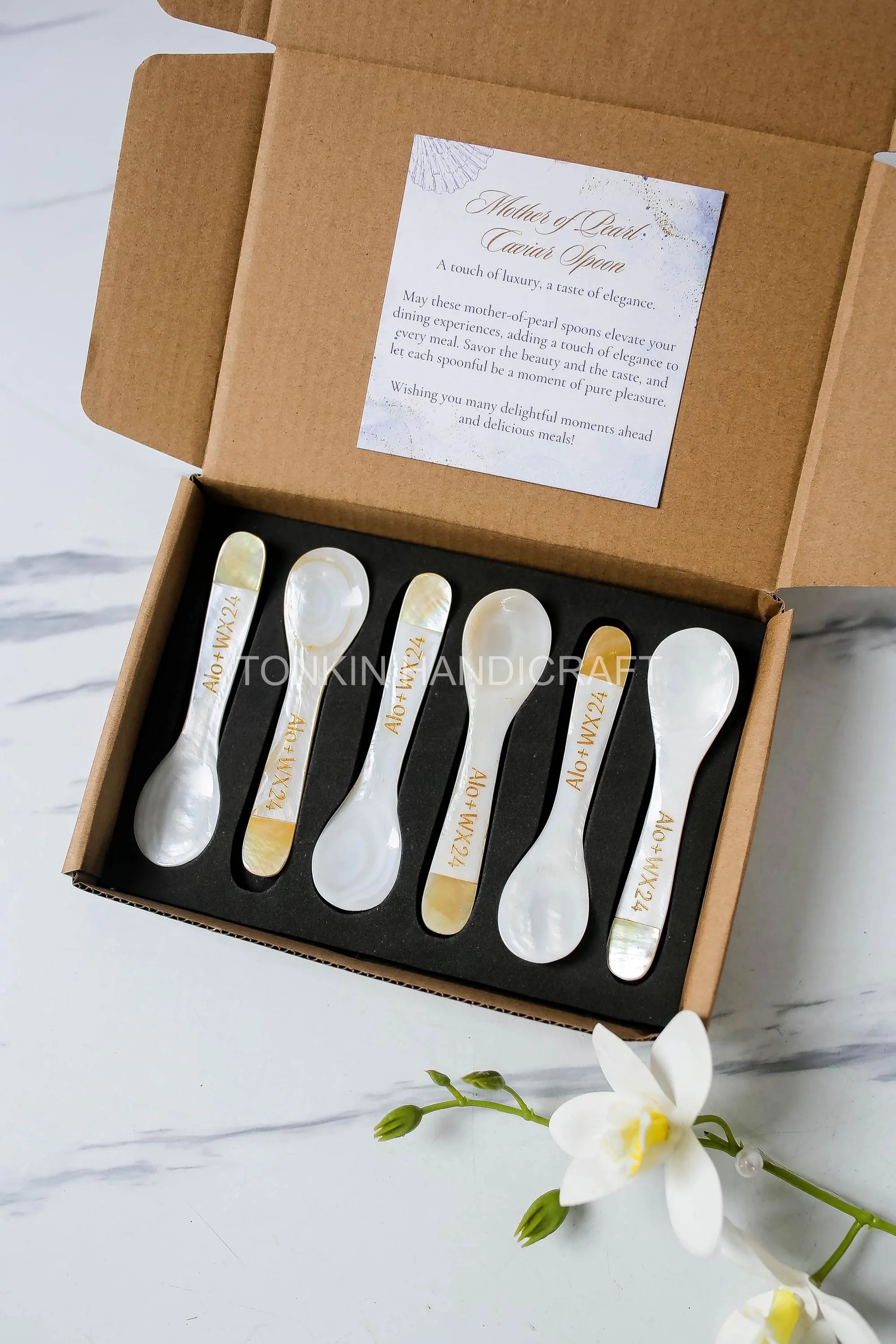 Personalized Set 6 Yell Mother of Pearl Caviar Spoon Gift Box