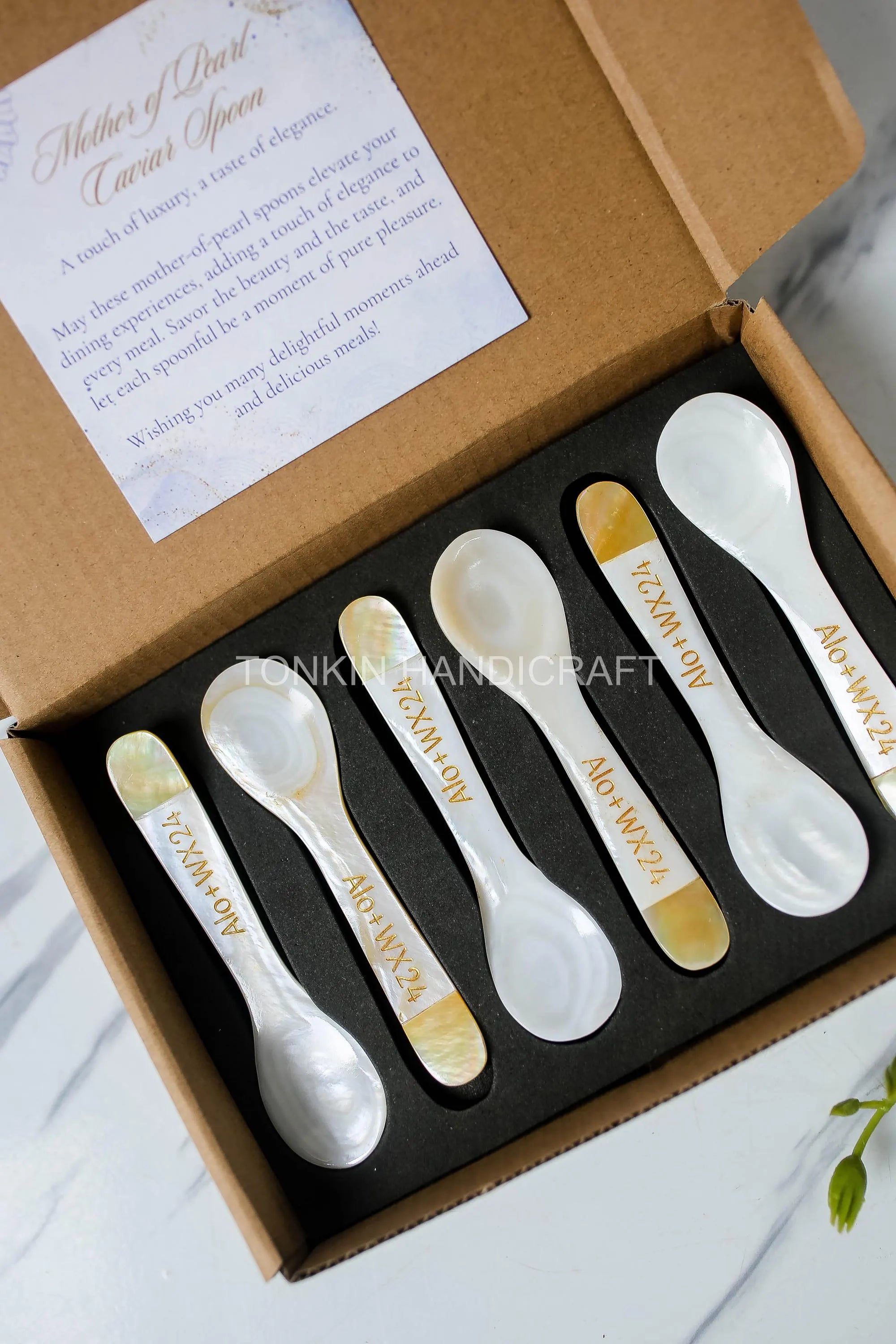 Personalized Set 6 Yell Mother of Pearl Caviar Spoon Gift Box