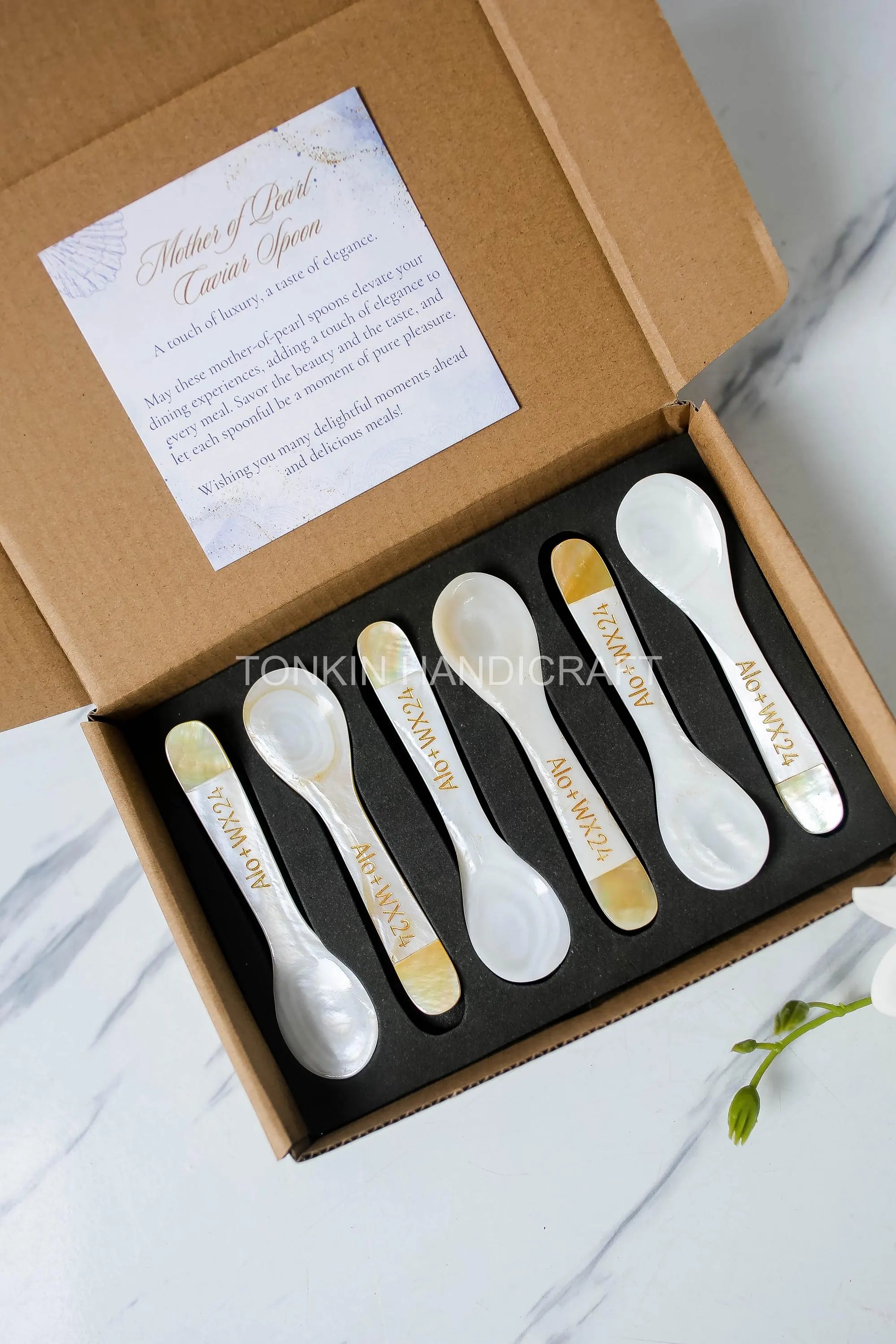 Personalized Set 6 Yell Mother of Pearl Caviar Spoon Gift Box