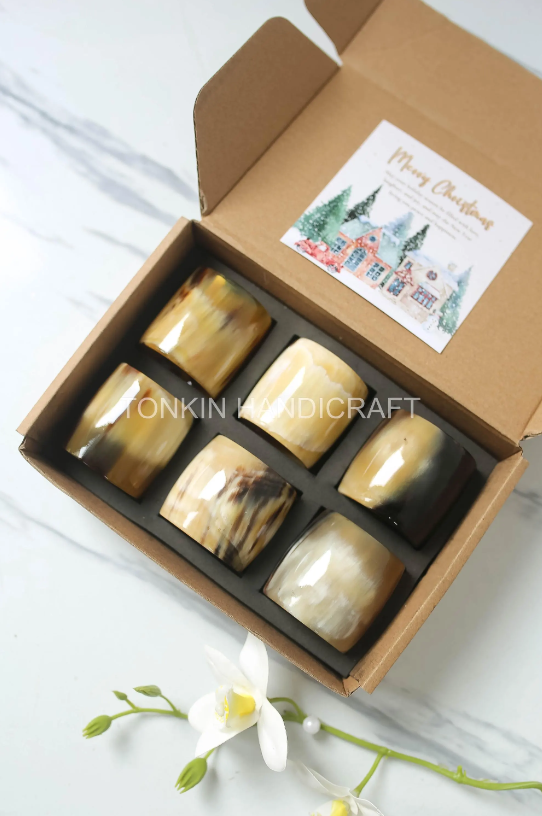 Personalized Set of 6 Buffalo Horn Napkin Ring Natural Gift Box