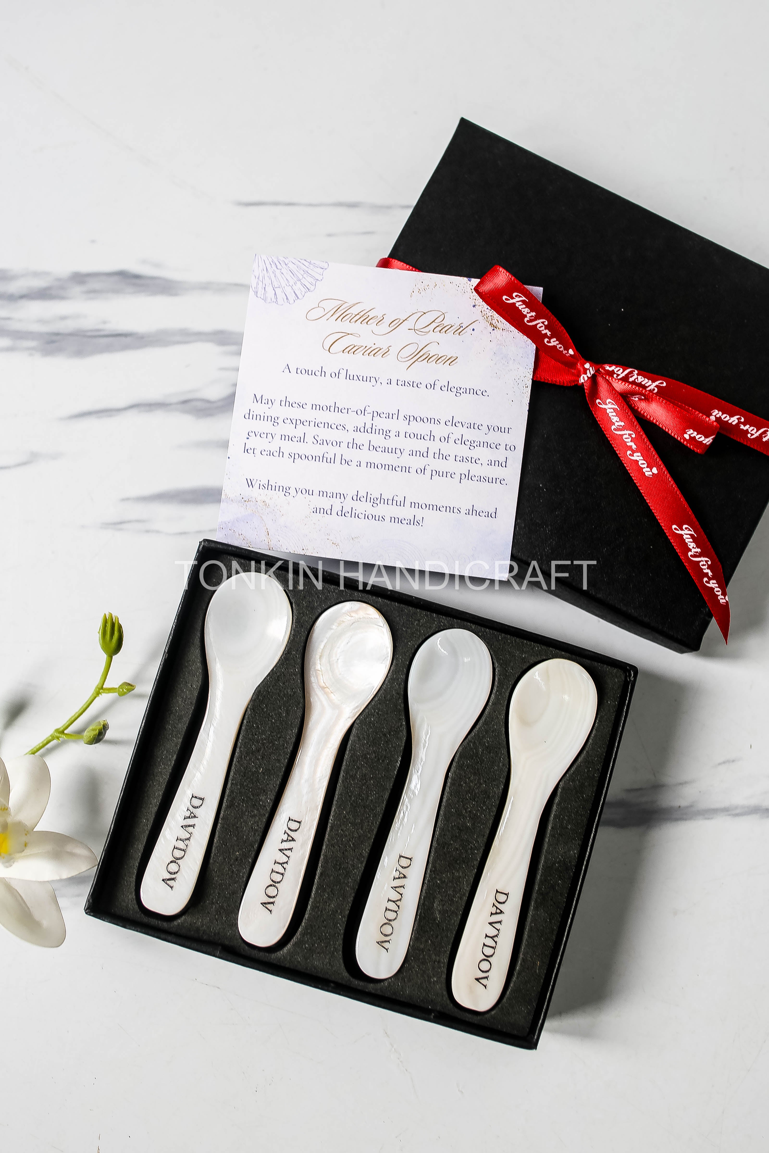 Personalized Set of 4 Mother of Pearl Caviar Spoon Gift Box