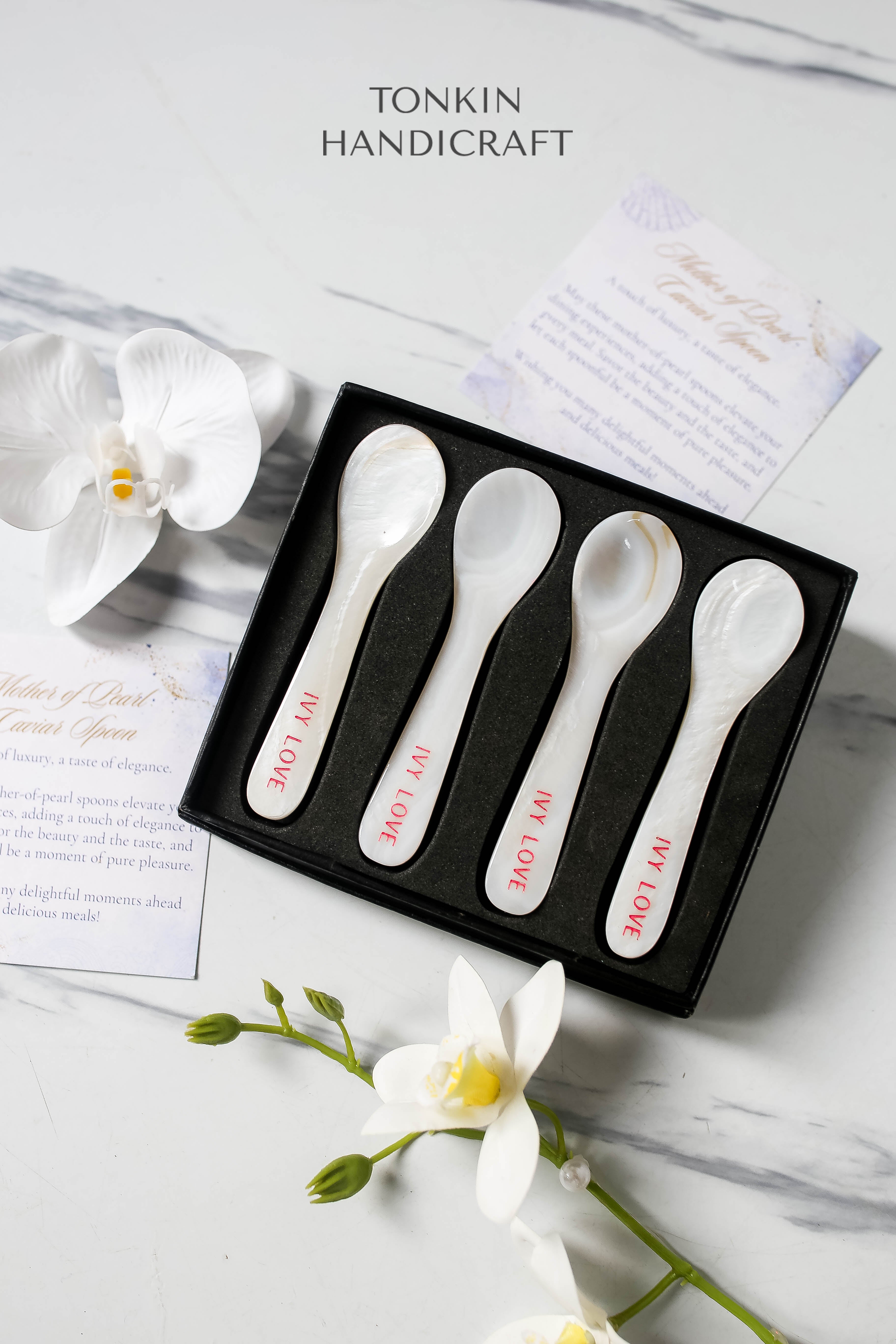 Personalized Set of 4 Mother of Pearl Caviar Spoon Gift Box
