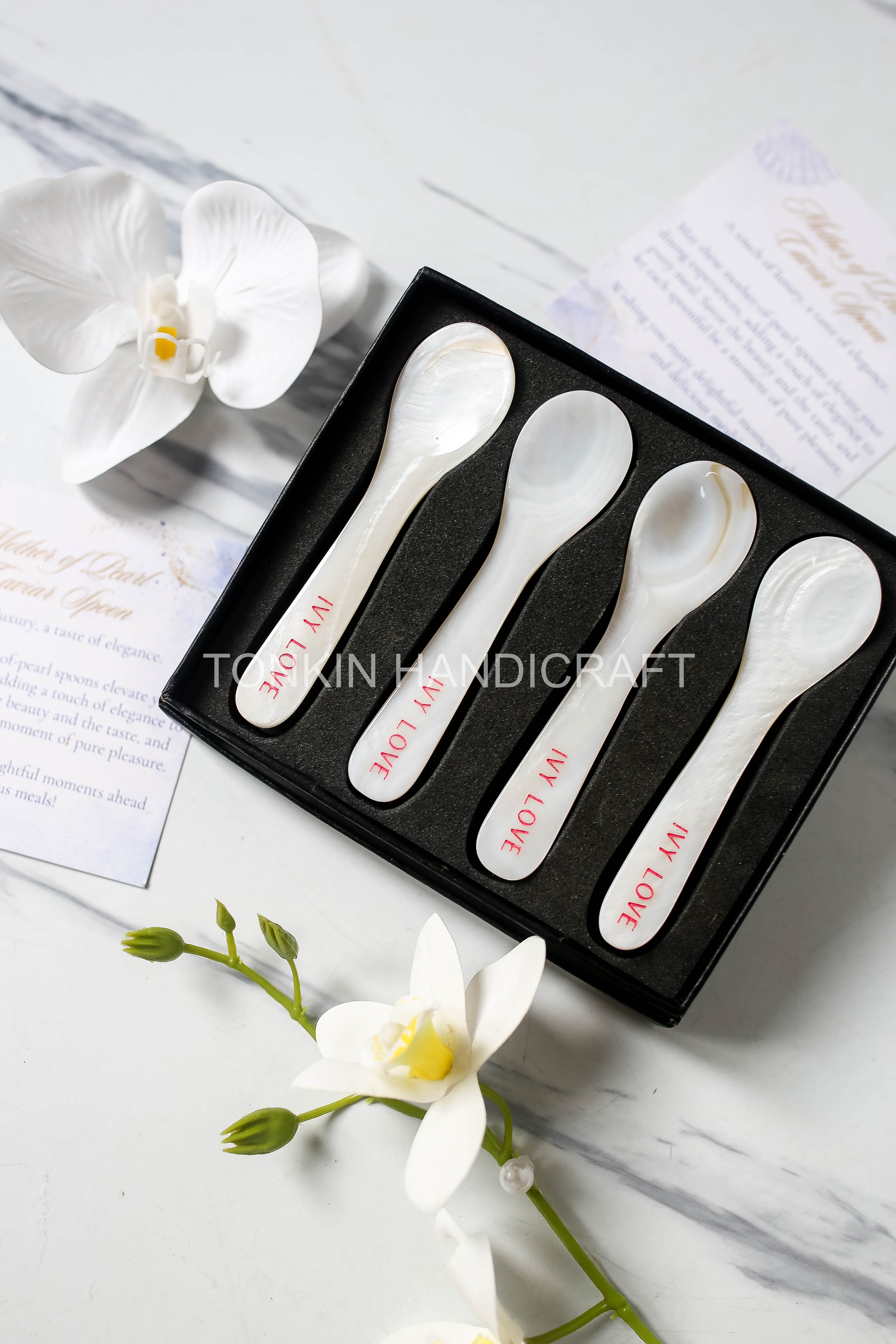 Personalized Set of 4 Mother of Pearl Caviar Spoon Gift Box