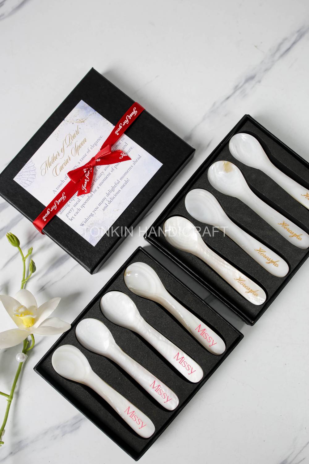 Personalized Set of 4 Mother of Pearl Caviar Spoon Gift Box