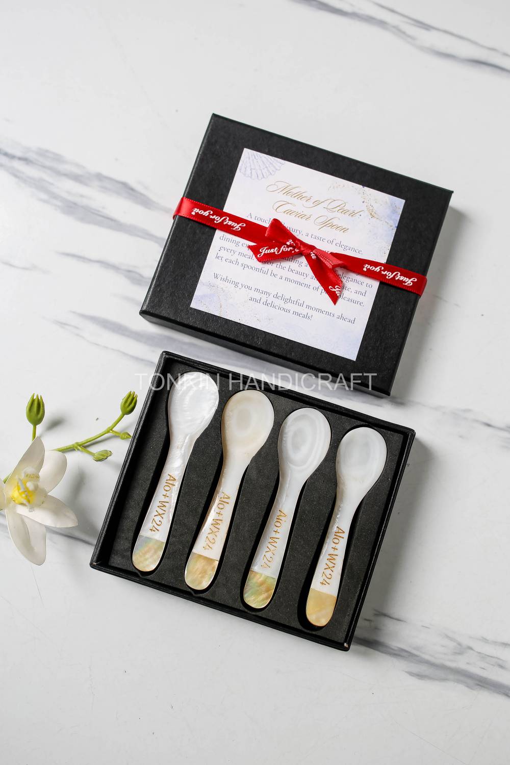 Personalized Set 4 Yell Mother of Pearl Caviar Spoon Gift Box