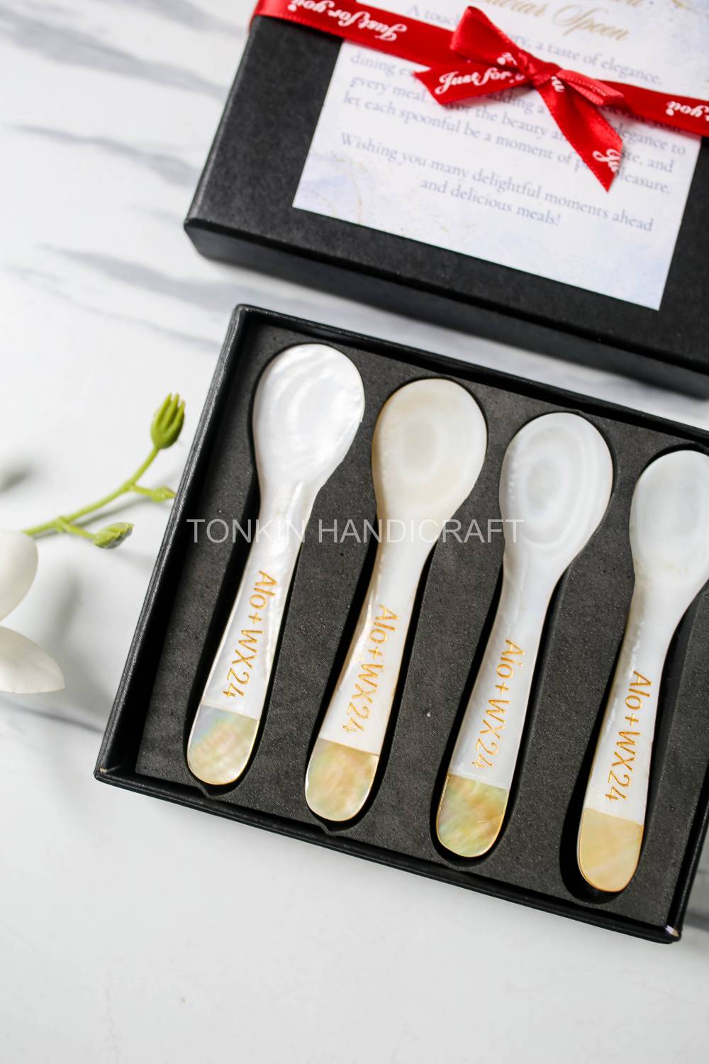 Personalized Set 4 Yell Mother of Pearl Caviar Spoon Gift Box