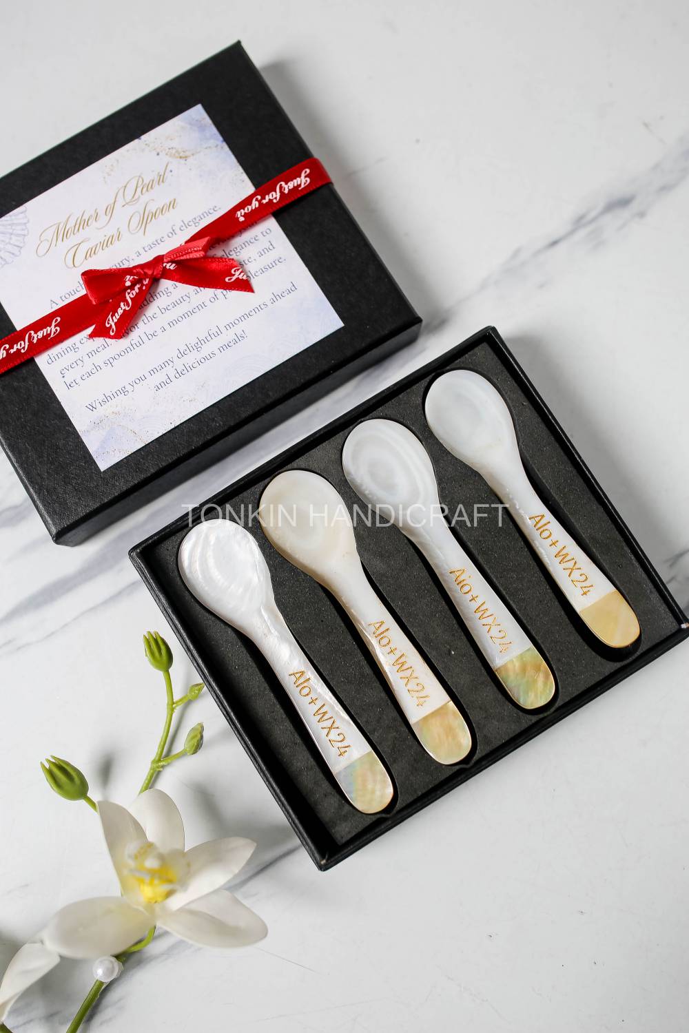 Personalized Set 4 Yell Mother of Pearl Caviar Spoon Gift Box