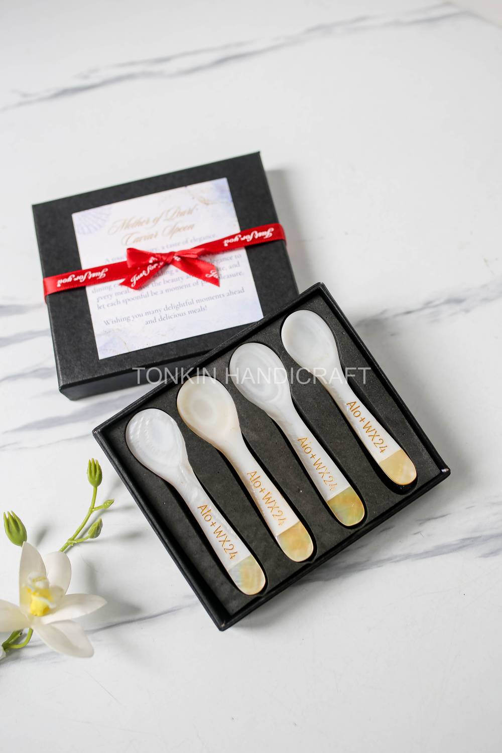 Personalized Set 4 Yell Mother of Pearl Caviar Spoon Gift Box