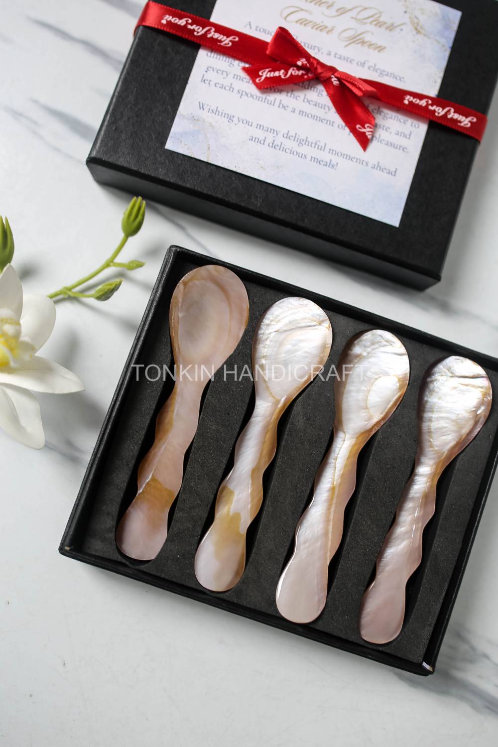 Personalized Set 4 Wav Mother of Pearl Caviar Spoon Gift Box
