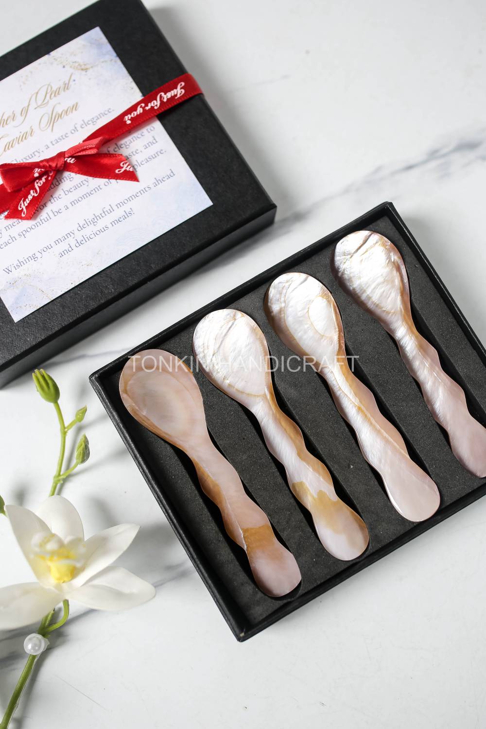 Personalized Set 4 Wav Mother of Pearl Caviar Spoon Gift Box