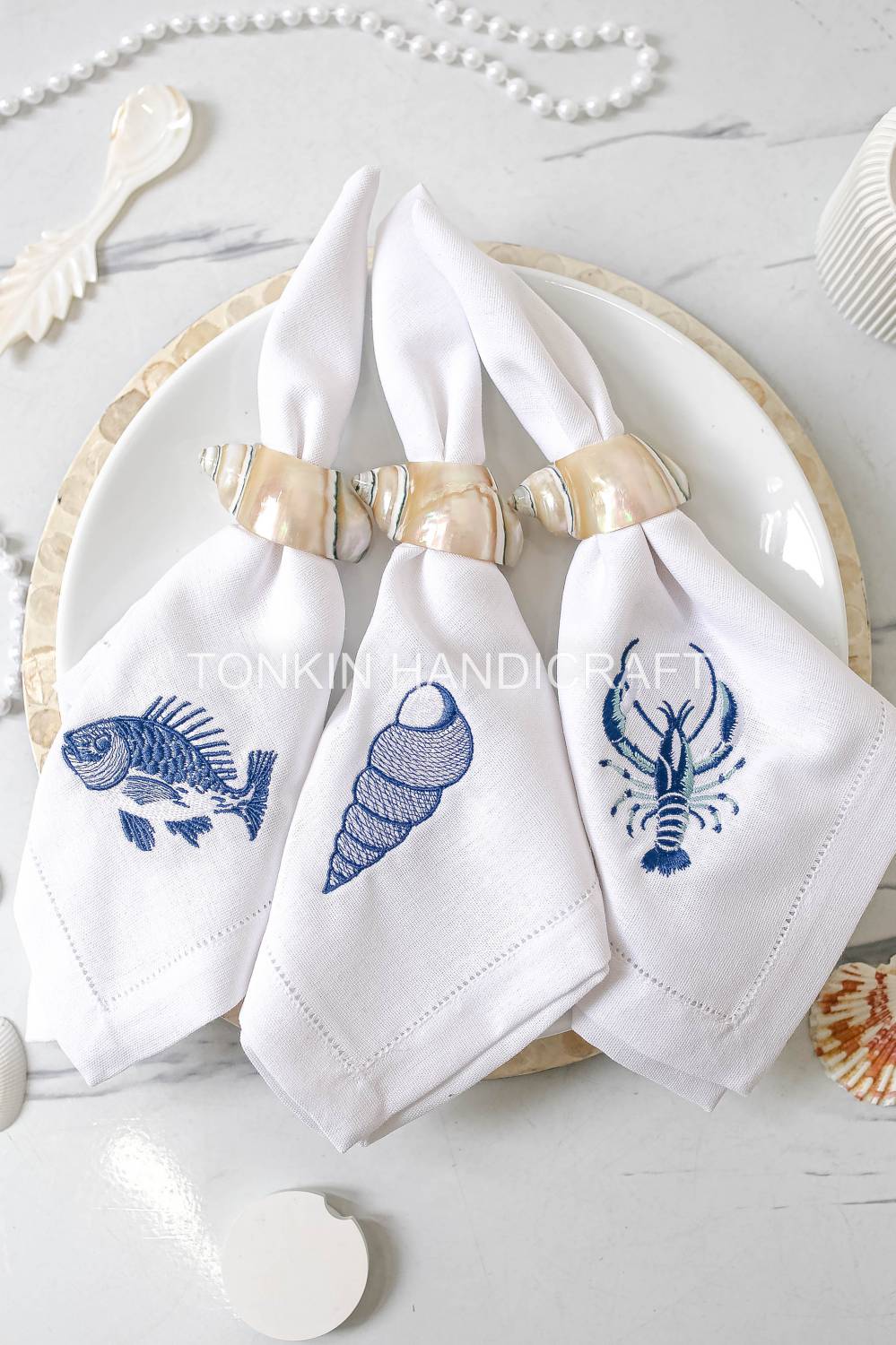 Shell Embroidered Linen Napkin