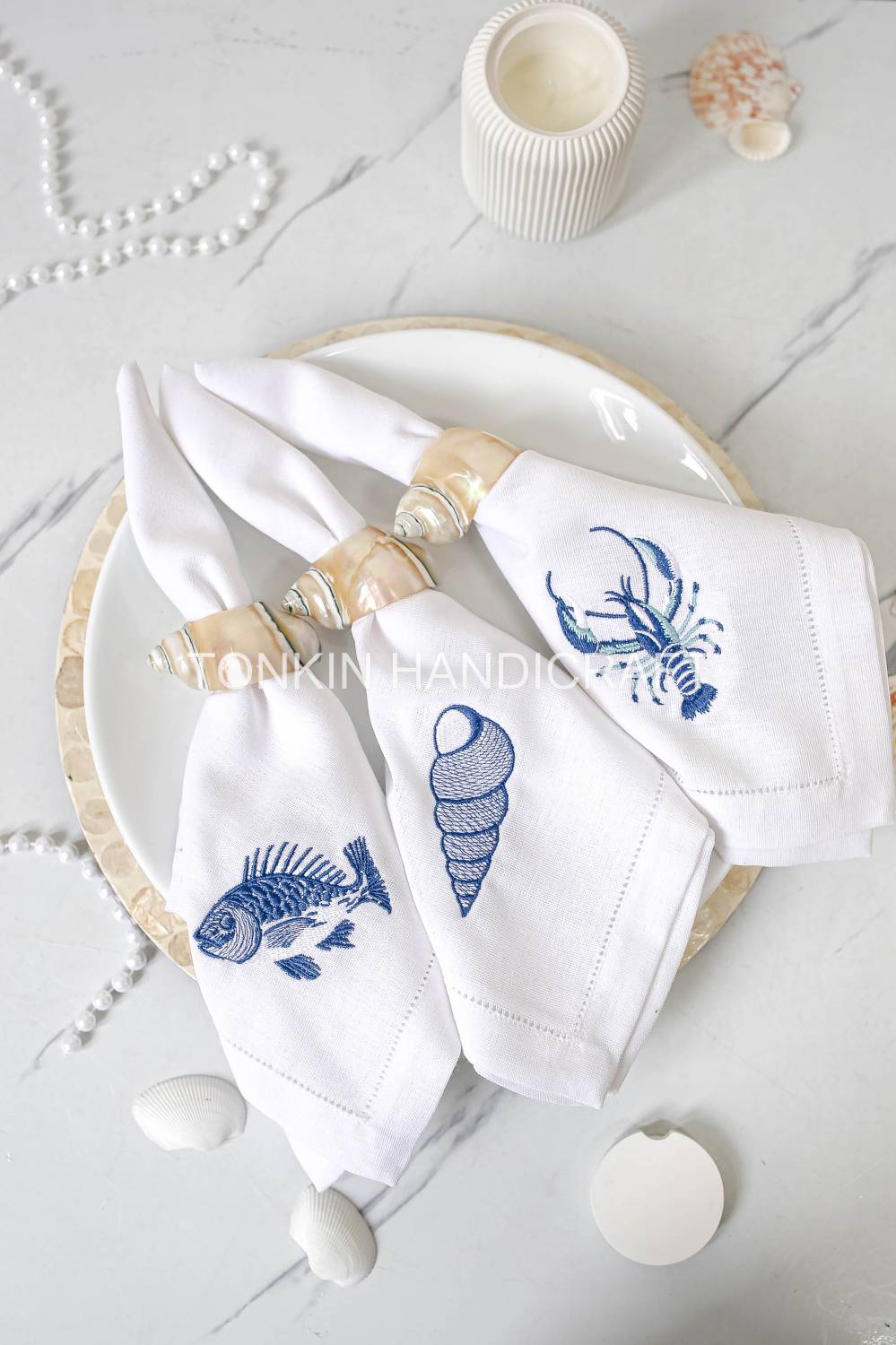 Shell Embroidered Linen Napkin
