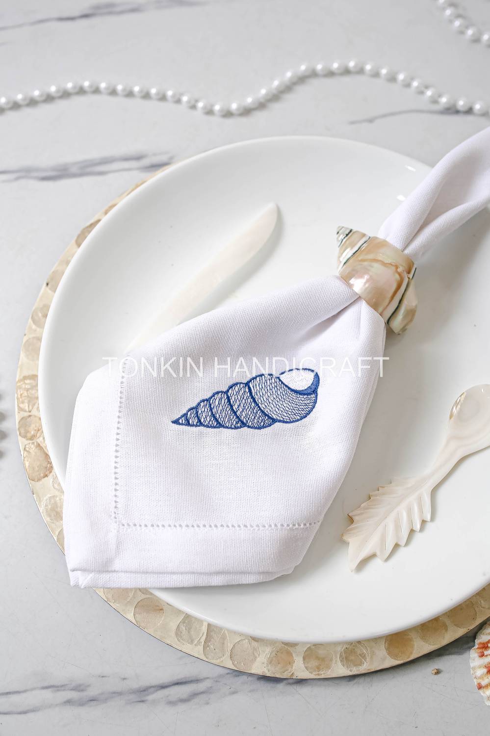 Shell Embroidered Linen Napkin