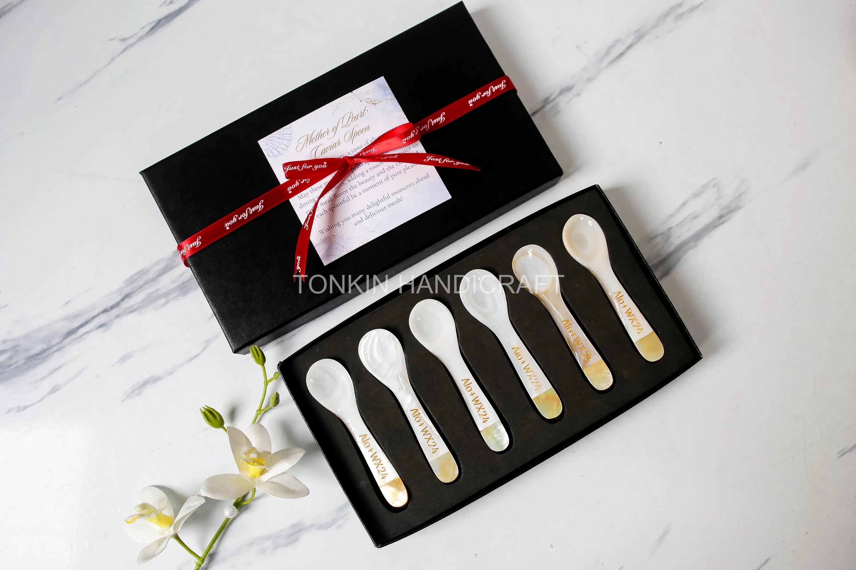 Personalized Set 6 Yell Mother of Pearl Caviar Spoon Gift Box