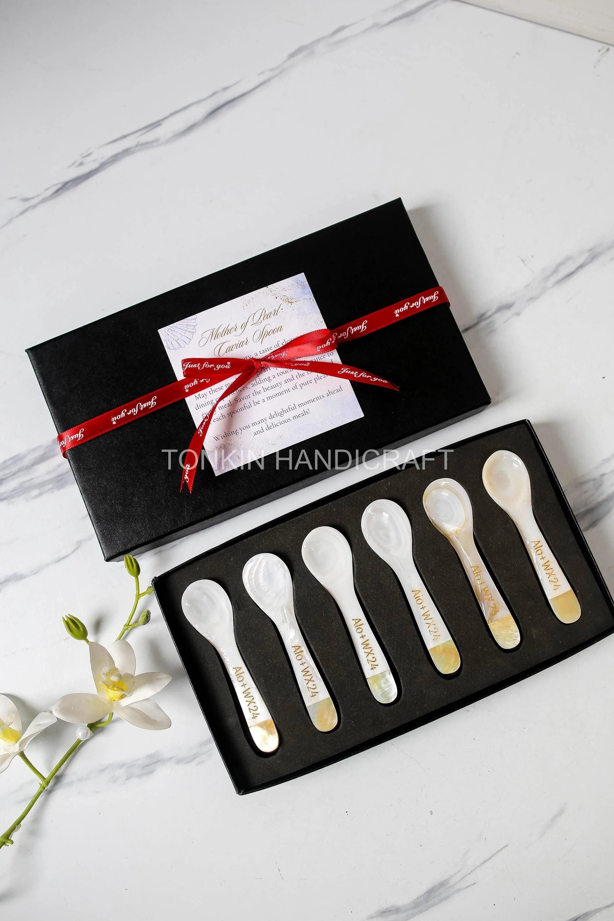 Personalized Set 6 Yell Mother of Pearl Caviar Spoon Gift Box