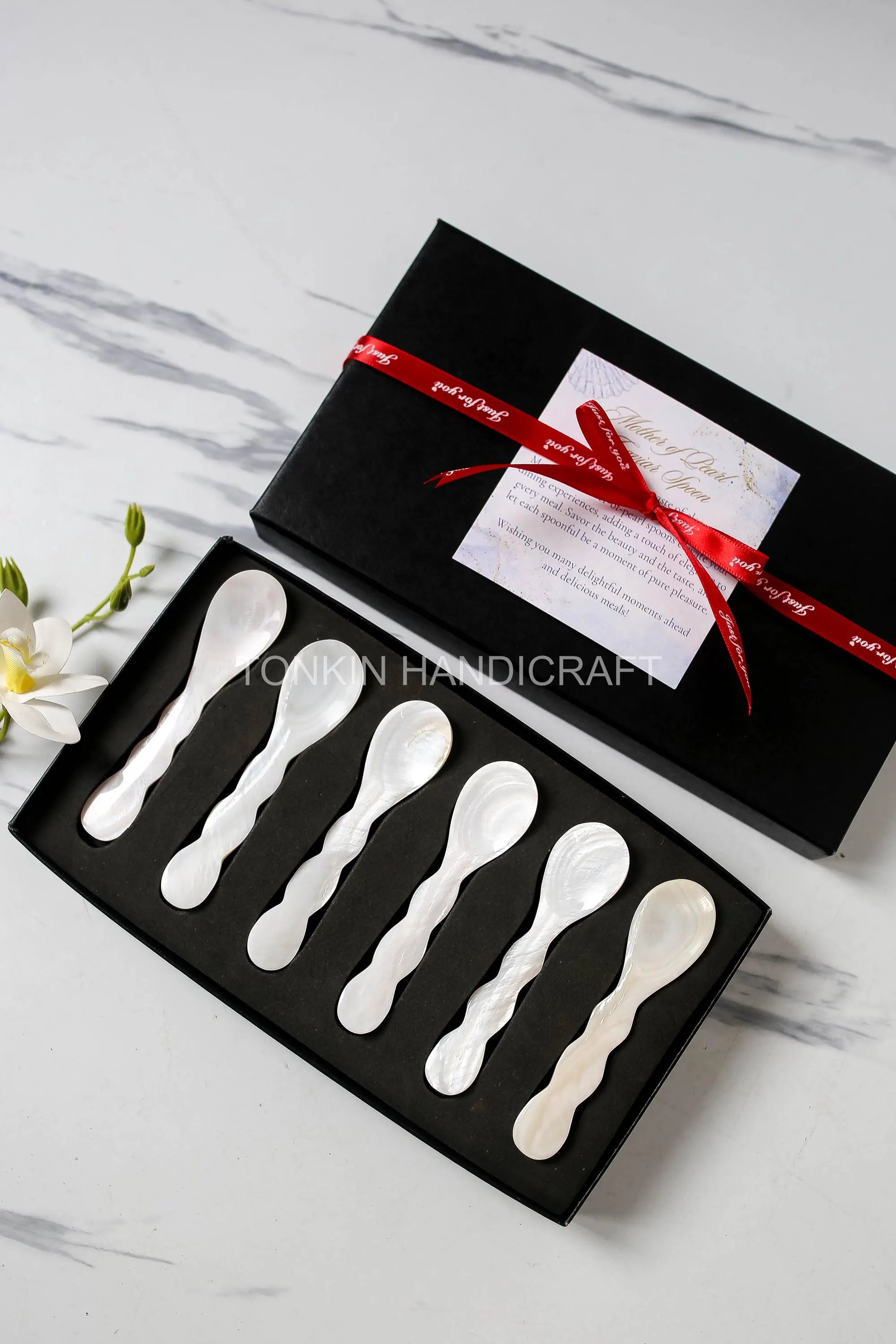 Personalized Set 6 Wav Mother of Pearl Caviar Spoon Gift Box