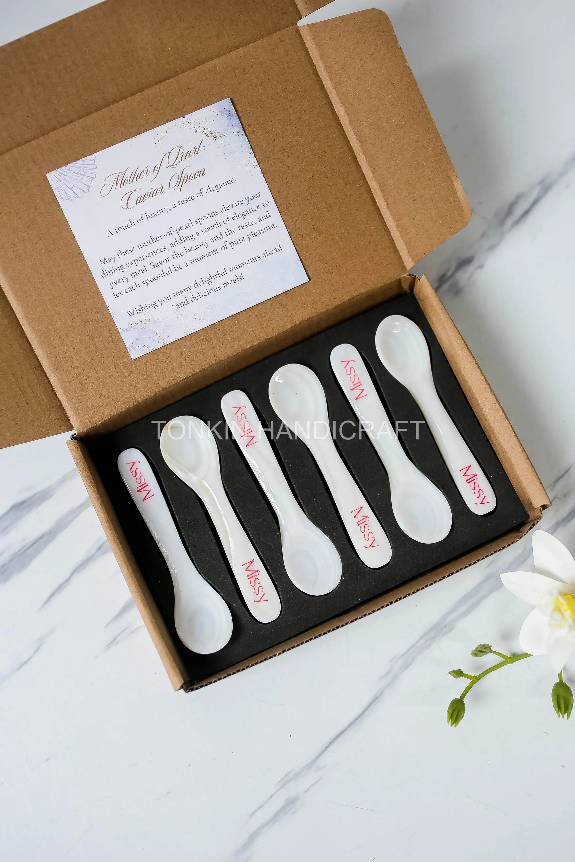 Personalized Set of 6 Mother of Pearl Caviar Spoon Gift Box