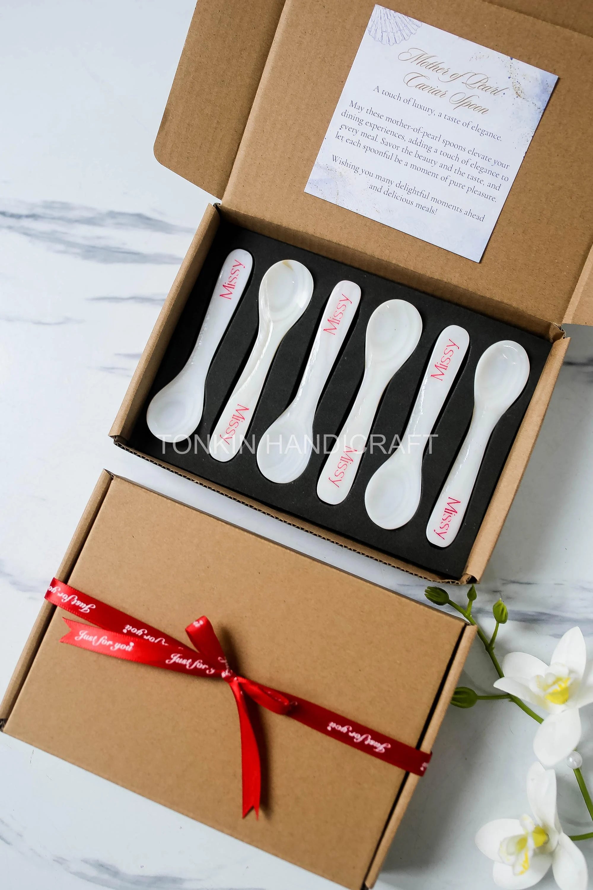 Personalized Set of 6 Mother of Pearl Caviar Spoon Gift Box