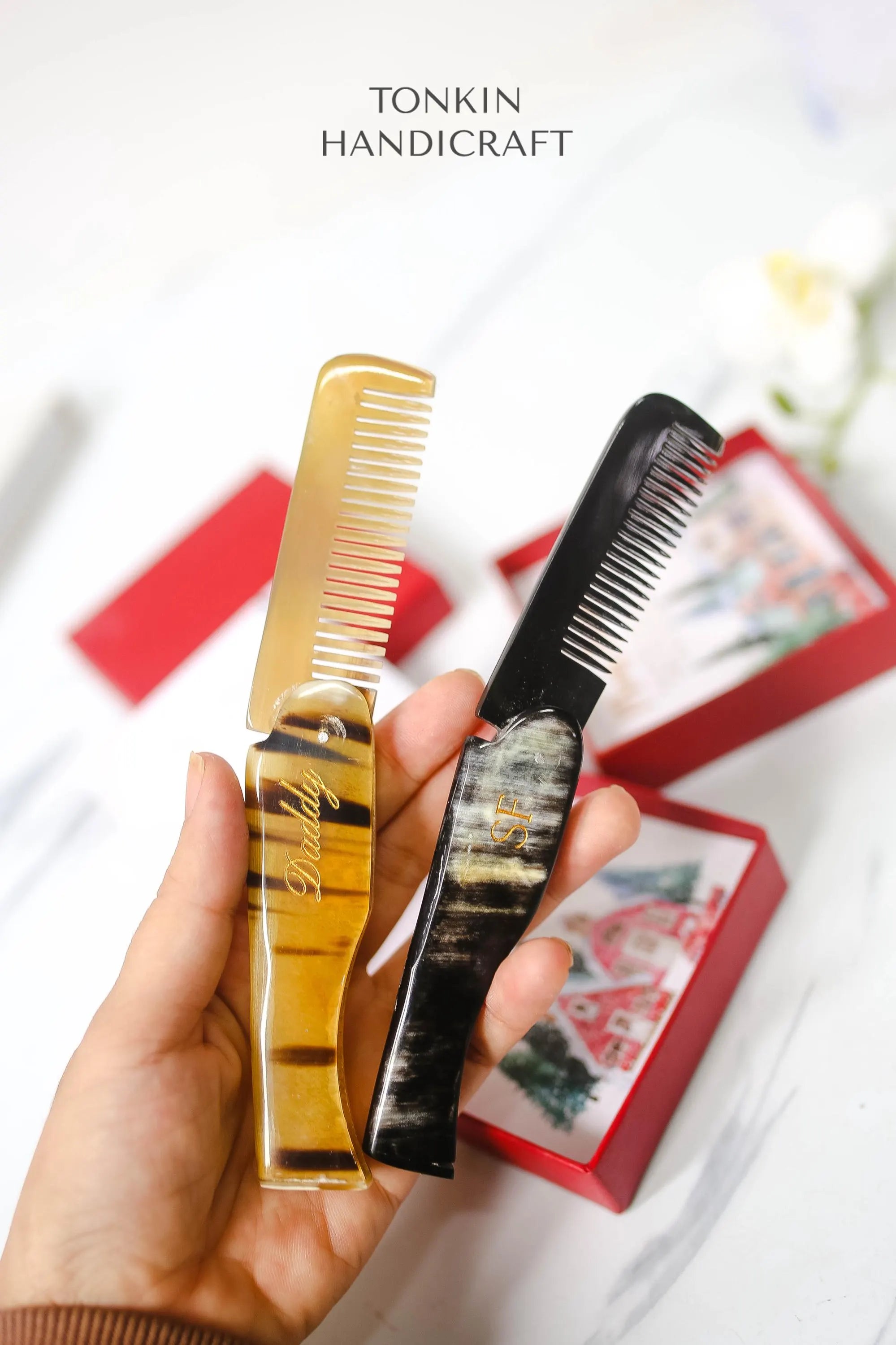 Personalized Folding Horn Comb,Natural Buffalo Horn Comb, Gift