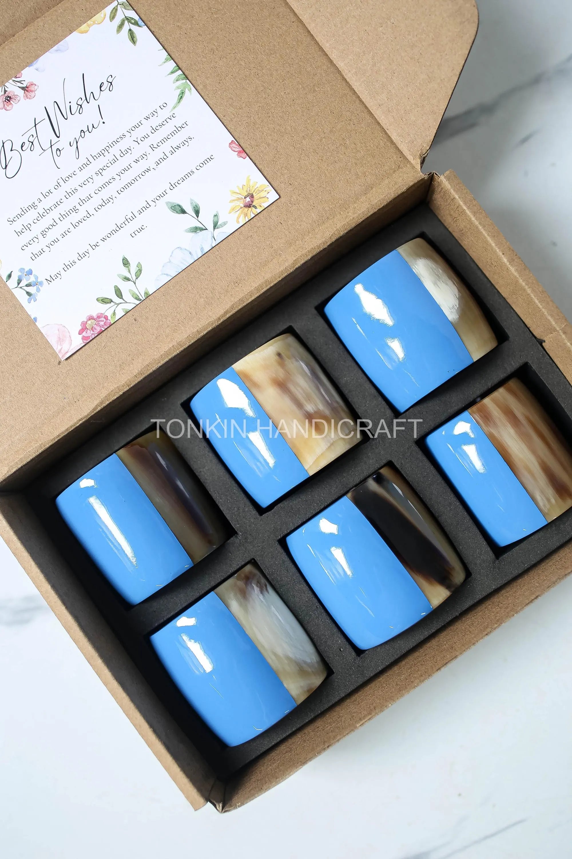 Personalized Set of 6 Buffalo Horn Napkin Ring Blue Gift Box