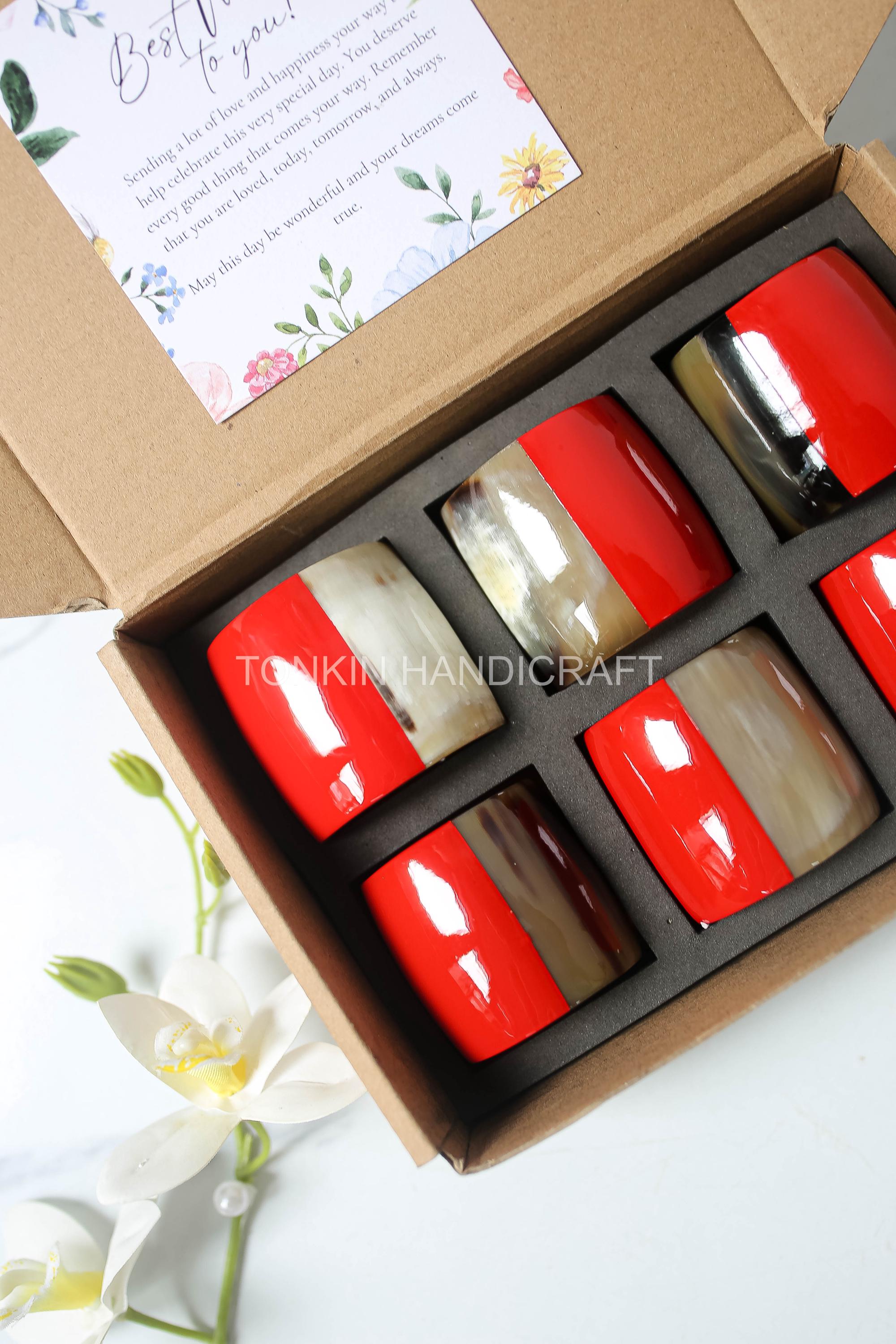 Personalized Set of 6 Buffalo Horn Napkin Ring Red Gift Box