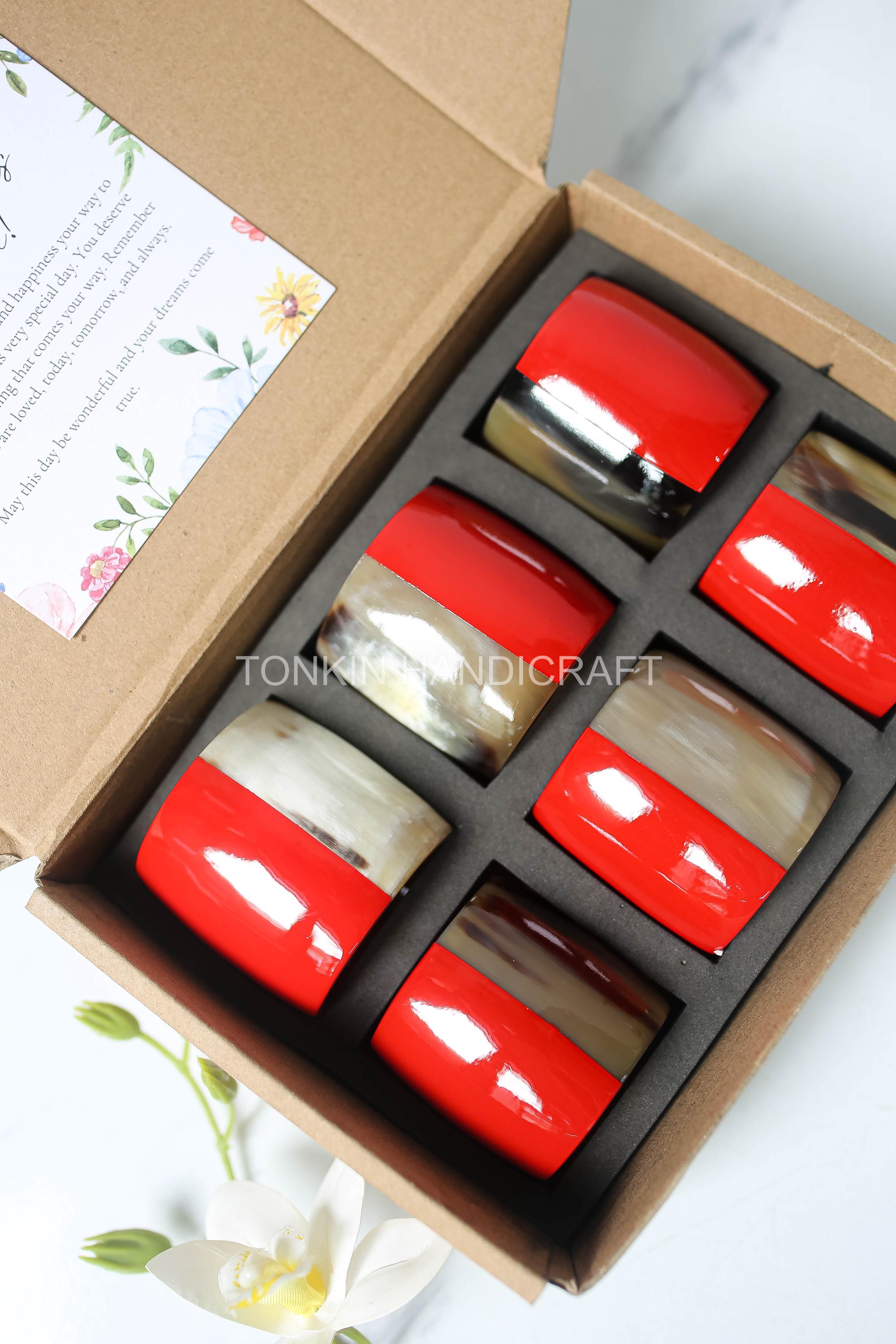 Personalized Set of 6 Buffalo Horn Napkin Ring Red Gift Box