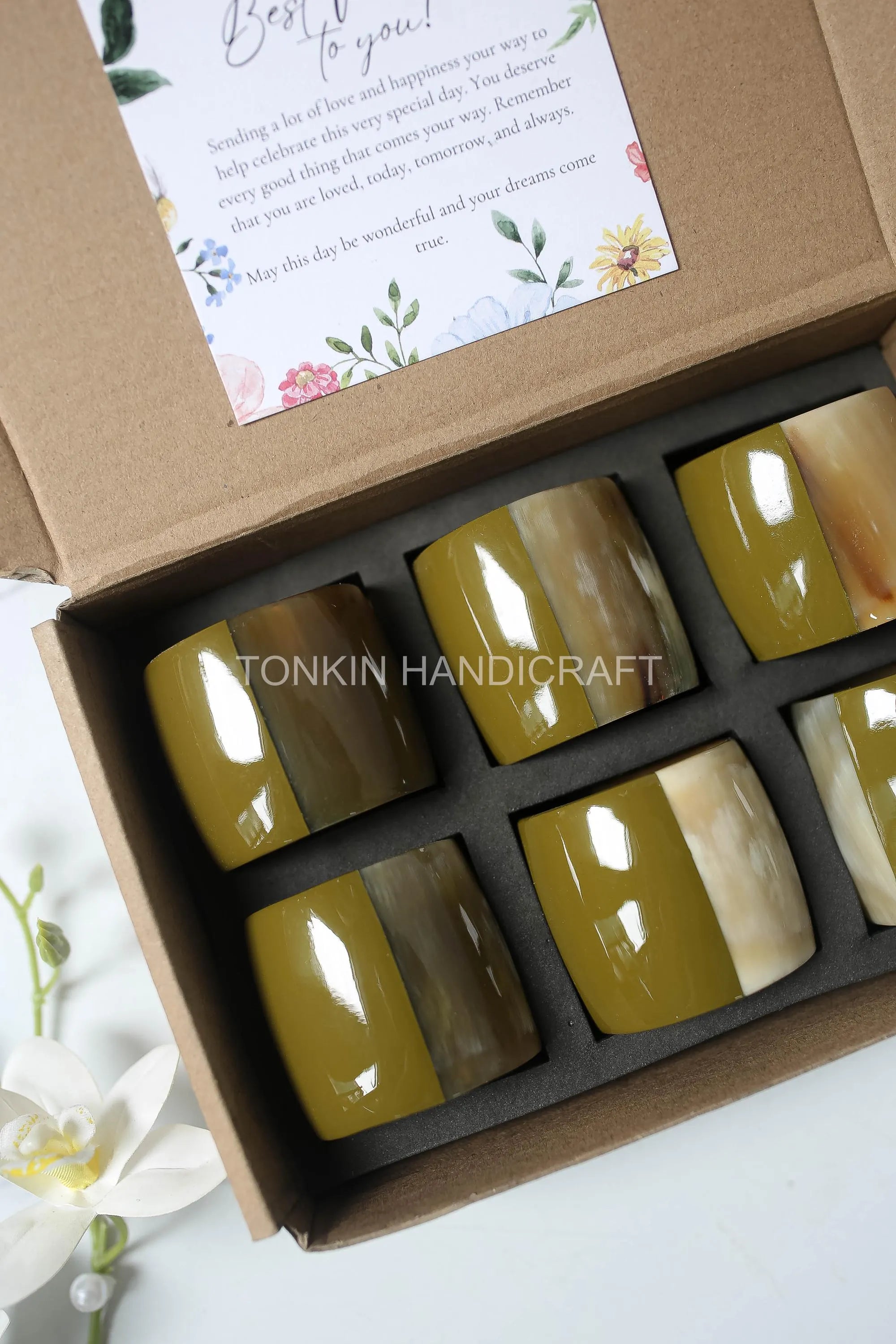 Personalized Set of 6 Buffalo Horn Napkin Ring Green Gift Box