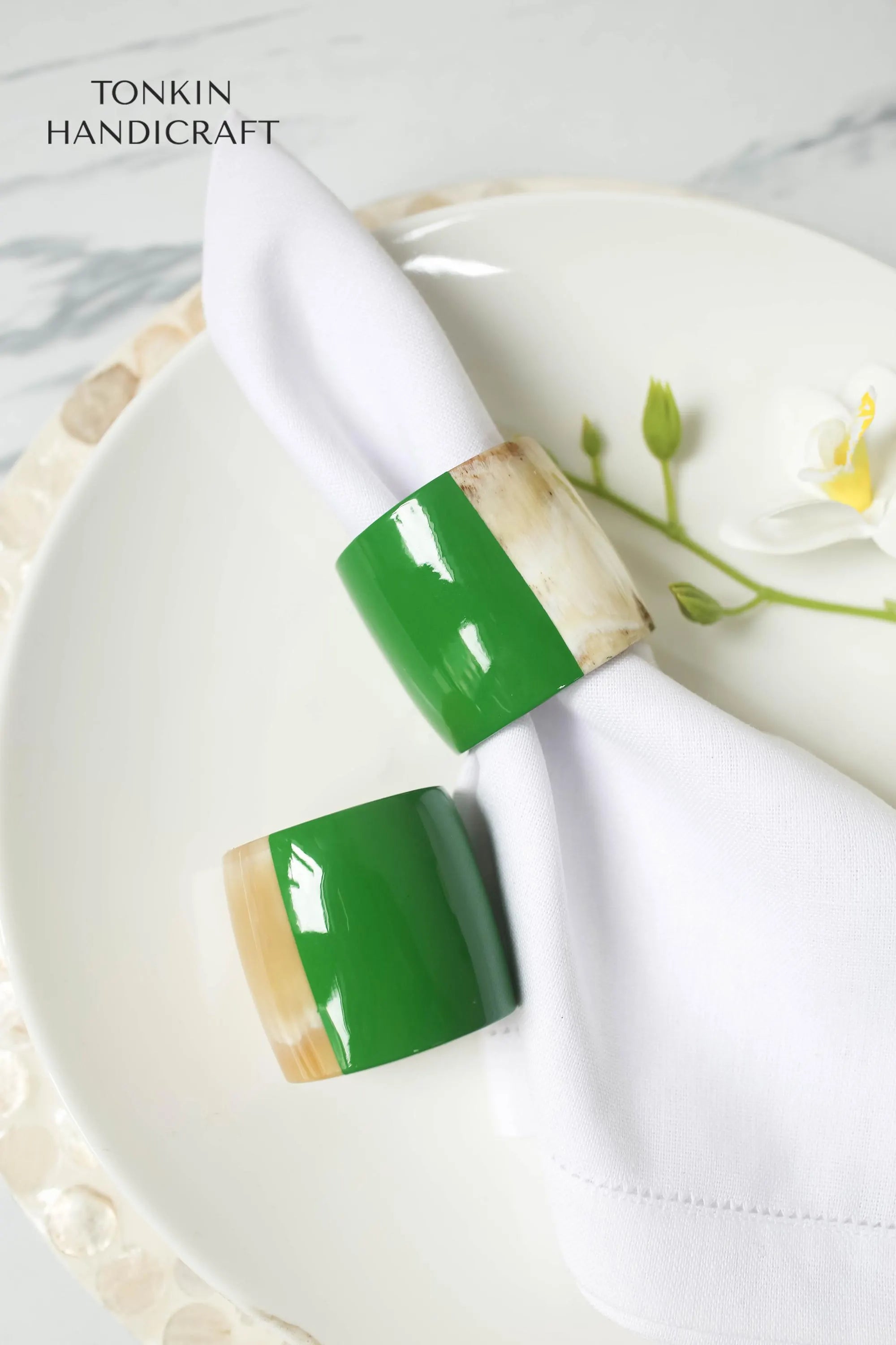 Personalized Set of 6 Buffalo Horn Napkin Ring Green Gift Box