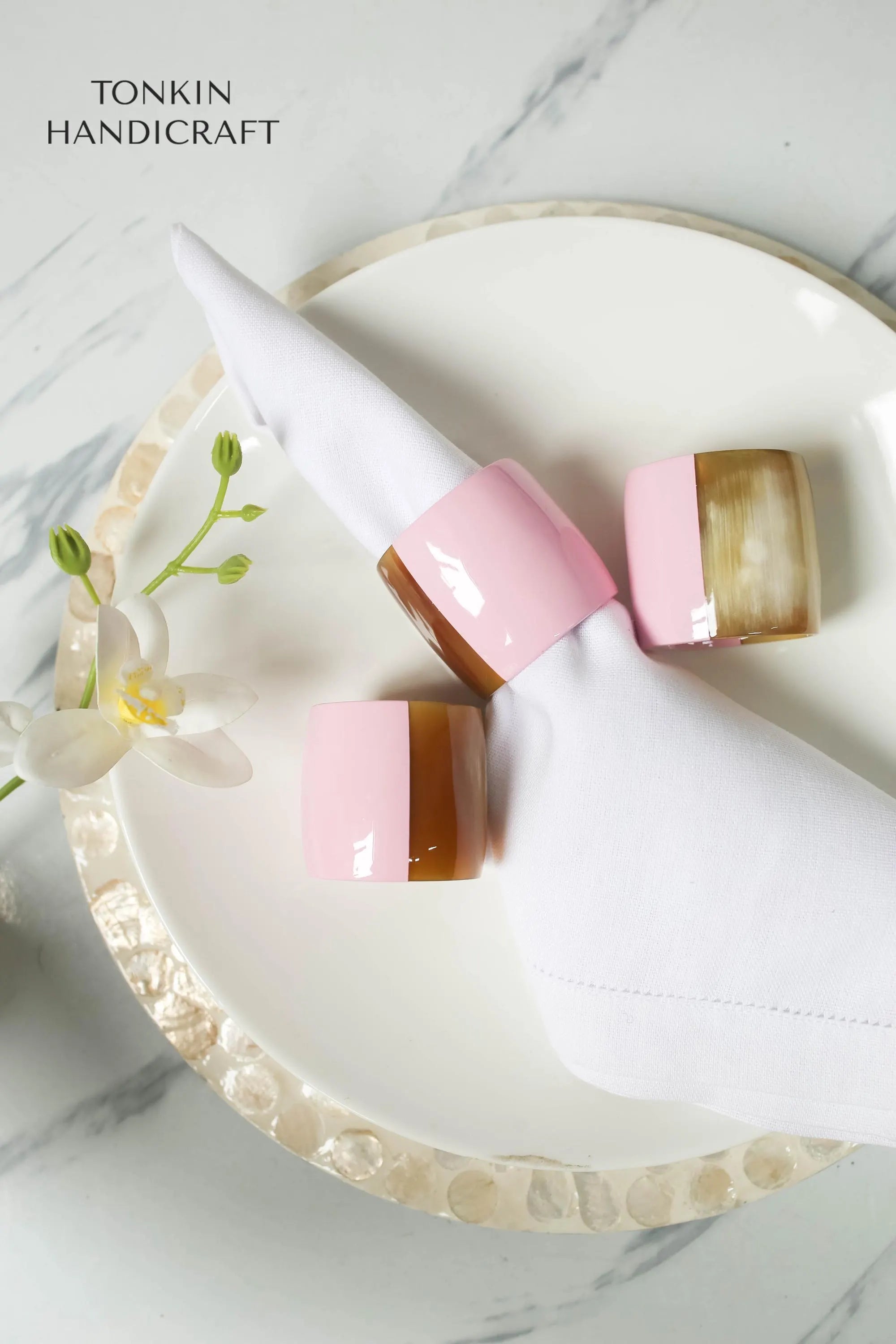 Personalized Set of 6 Buffalo Horn Napkin Ring Pink Gift Box