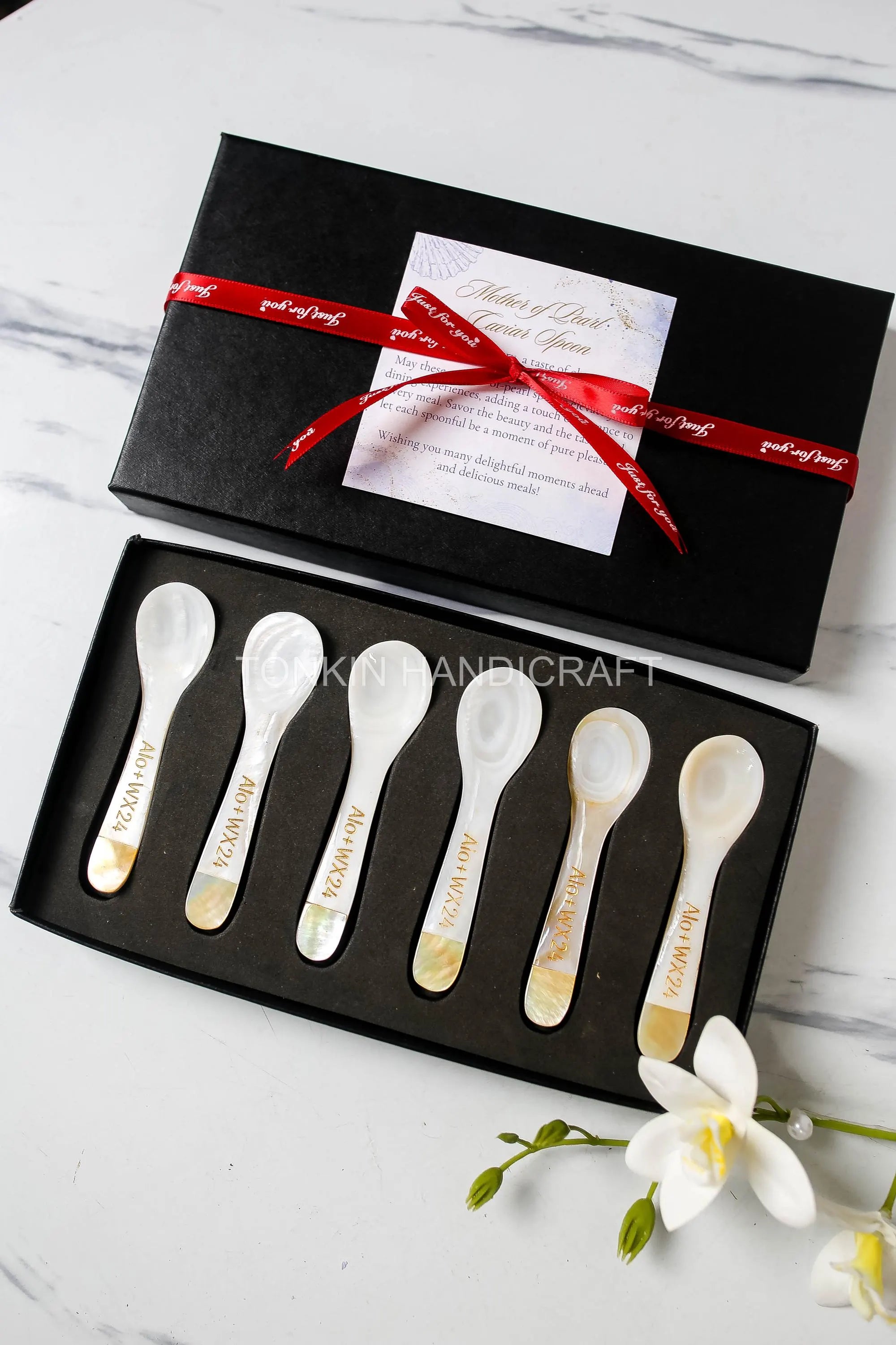 Personalized Set 6 Yell Mother of Pearl Caviar Spoon Gift Box