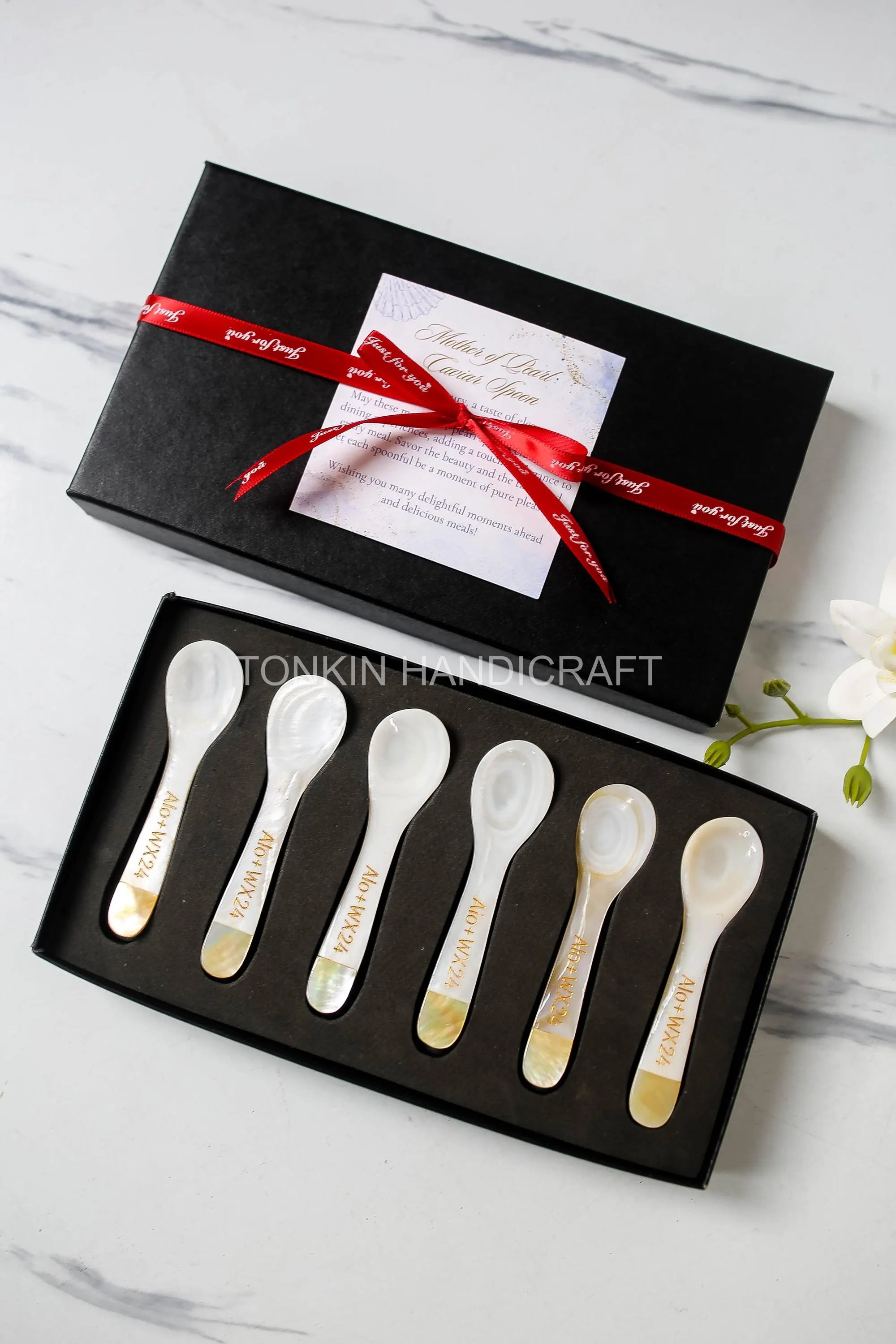 Personalized Set 6 Yell Mother of Pearl Caviar Spoon Gift Box