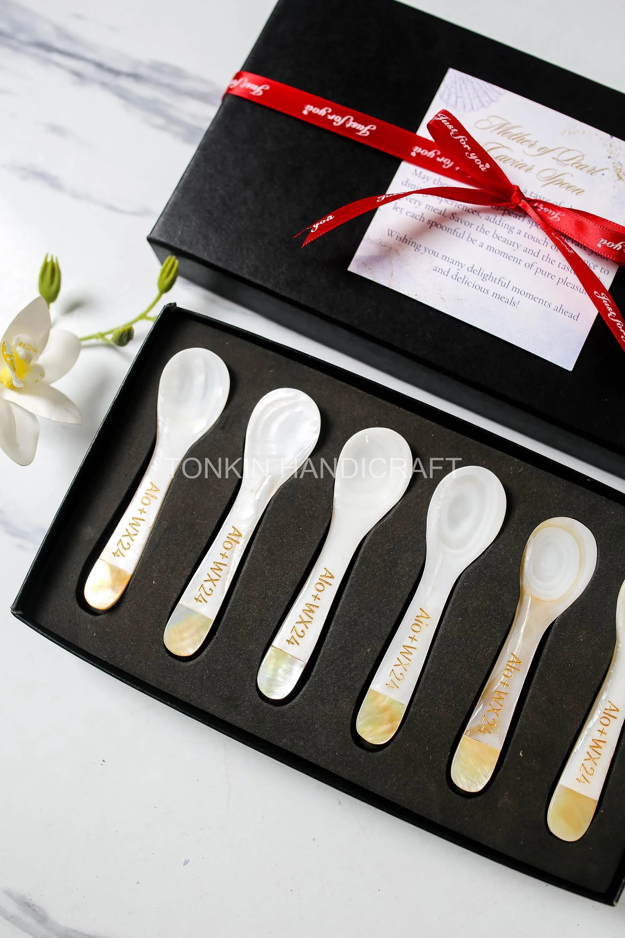 Personalized Set 6 Yell Mother of Pearl Caviar Spoon Gift Box