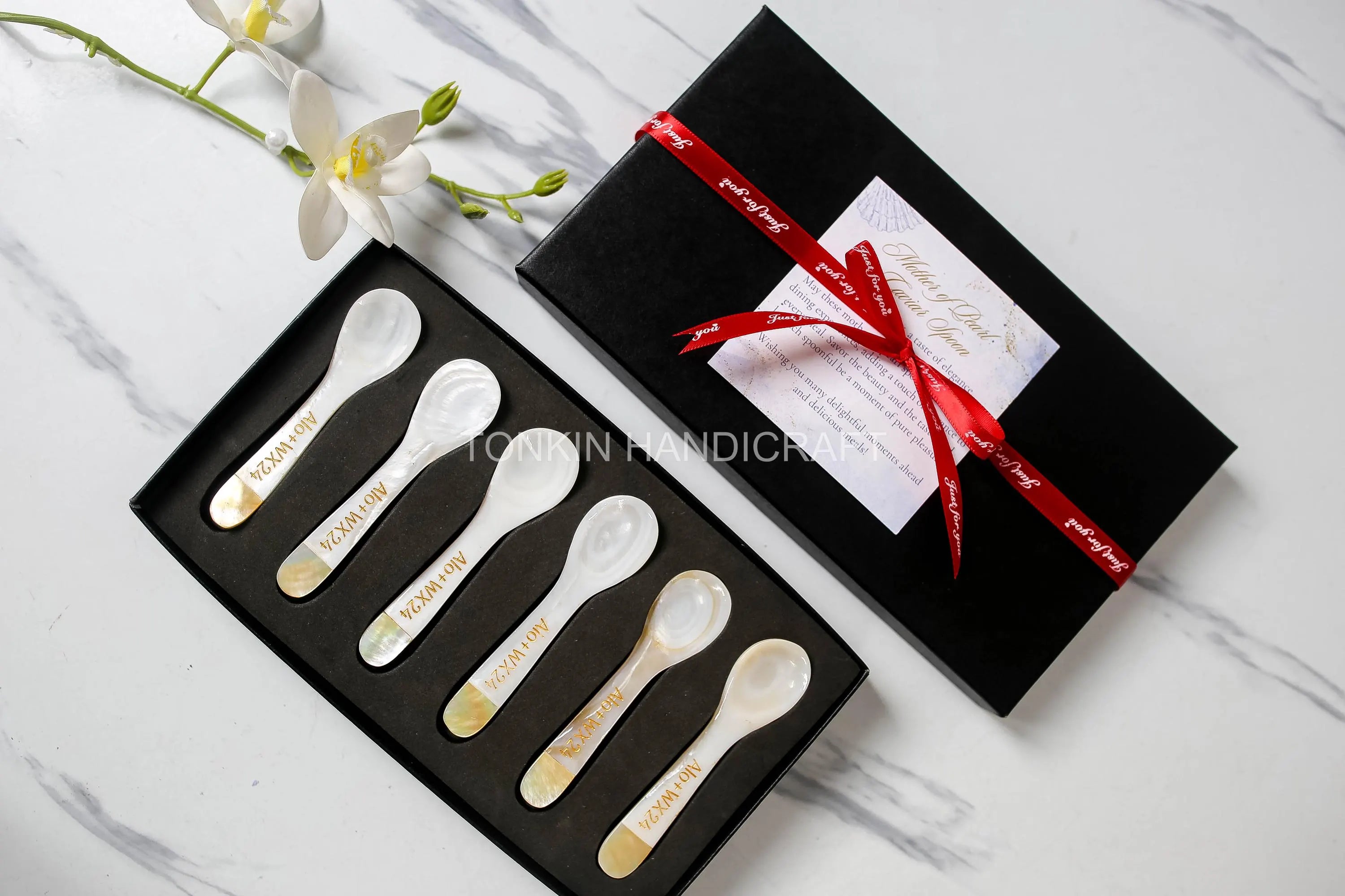 Personalized Set 6 Yell Mother of Pearl Caviar Spoon Gift Box