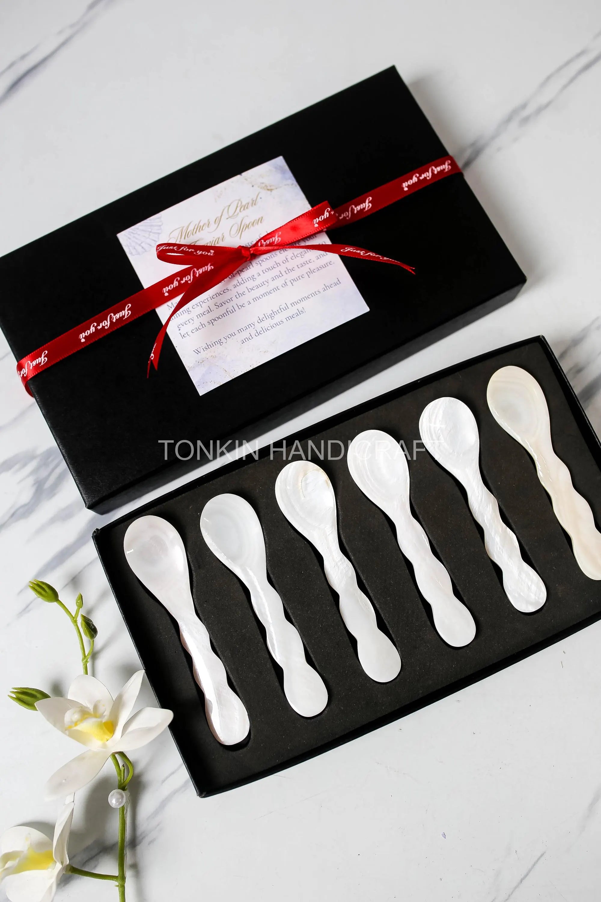 Personalized Set 6 Wav Mother of Pearl Caviar Spoon Gift Box