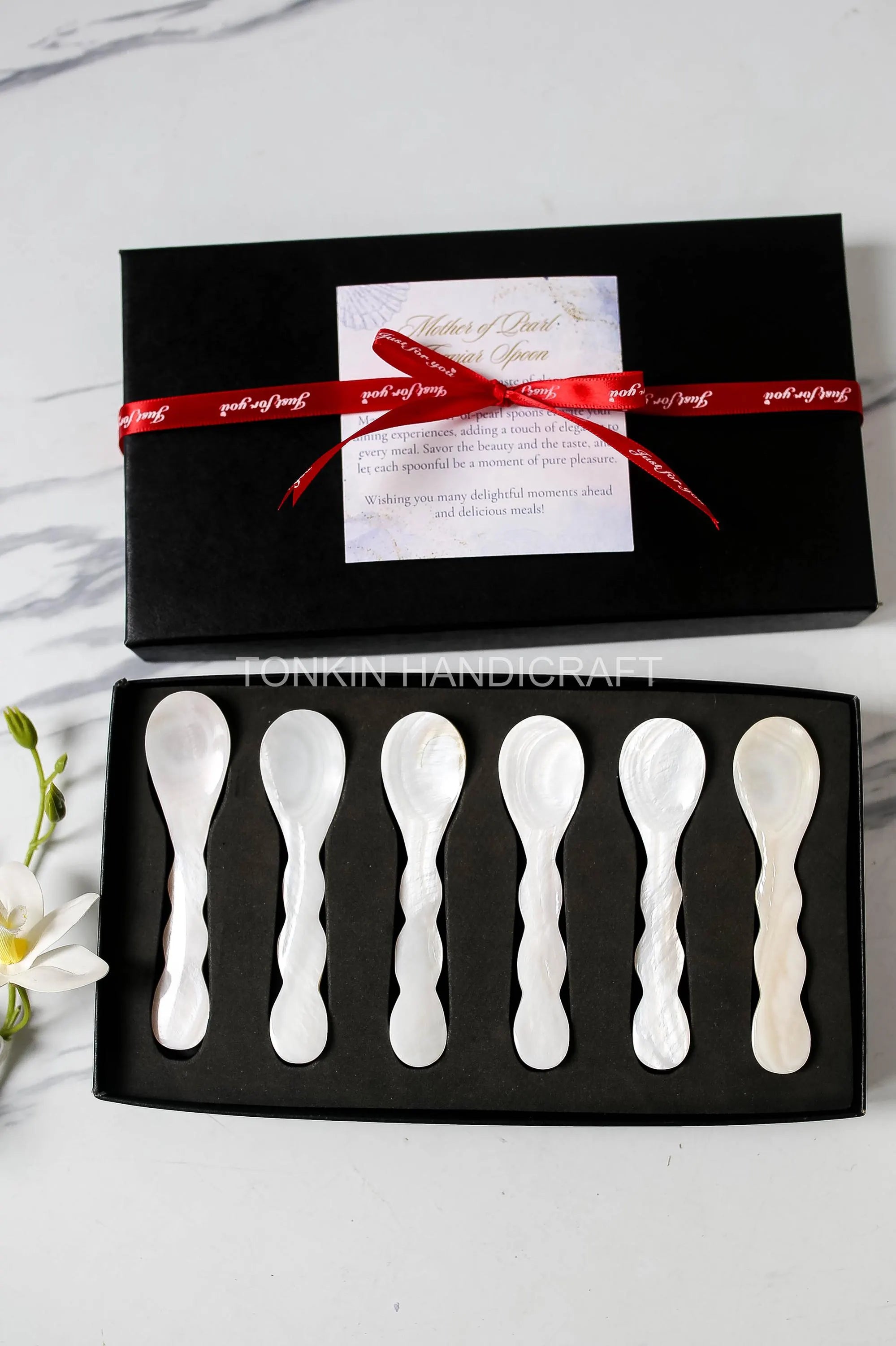 Personalized Set 6 Wav Mother of Pearl Caviar Spoon Gift Box