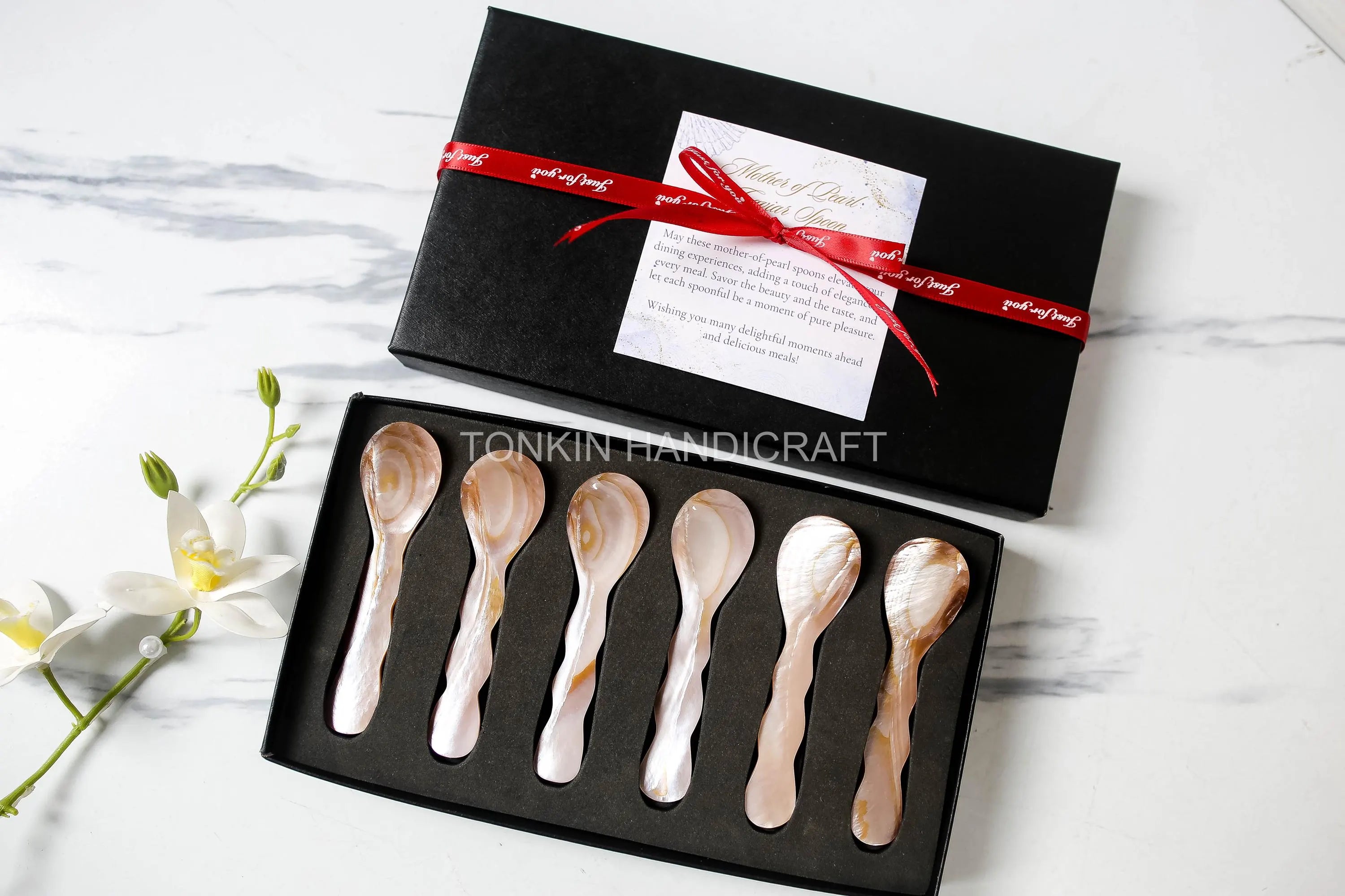 Personalized Set 6 Wav Mother of Pearl Caviar Spoon Gift Box